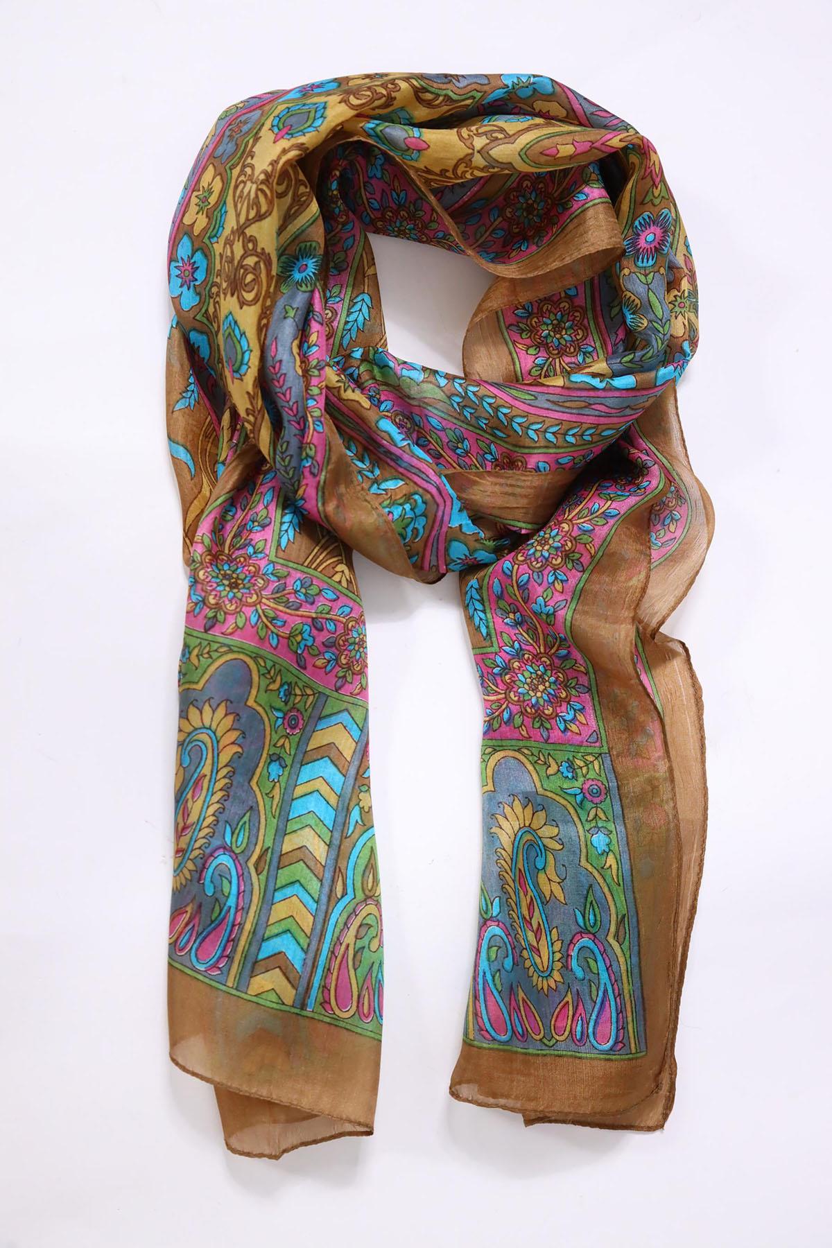 Kahverengi Desenli İpek Şal - Şaman Butik Kahverengi Desenli İpek Şal