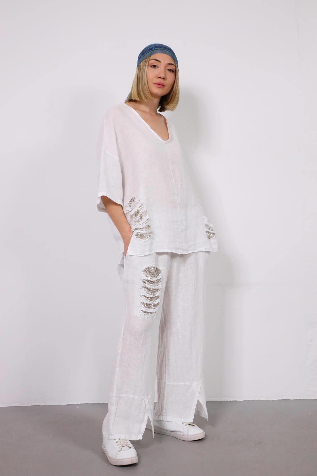 Beyaz Pullu V Yaka Keten Takım - Şaman Butik Beyaz Pullu V Yaka Keten Takım