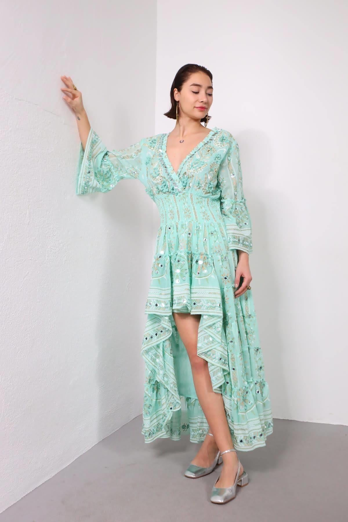 Turkuaz Beli Gipeli Aynalı İşlemeli Otantik Elbise - Şaman Butik Turkuaz Beli Gipeli Aynalı İşlemeli Otantik Elbise