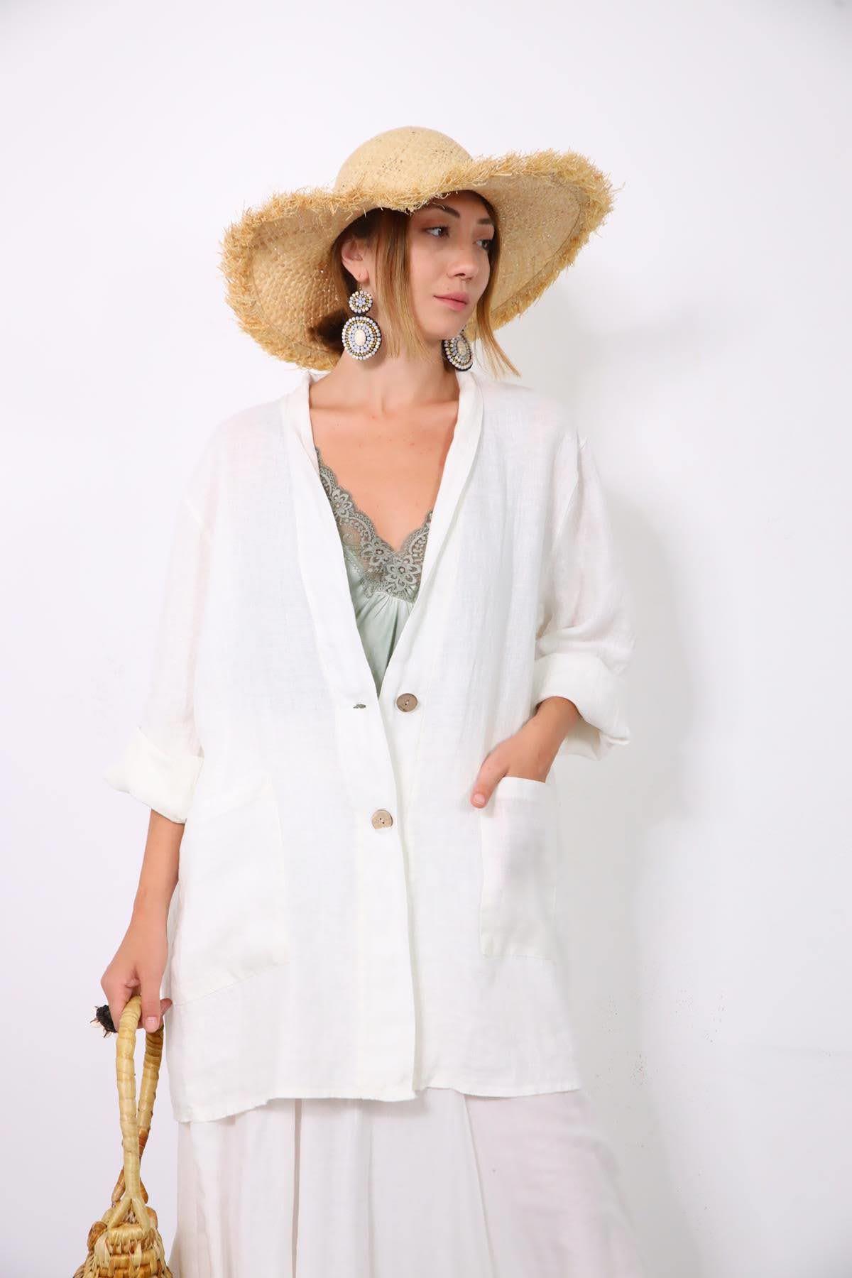  Beyaz Çift Cepli Keten Ceket