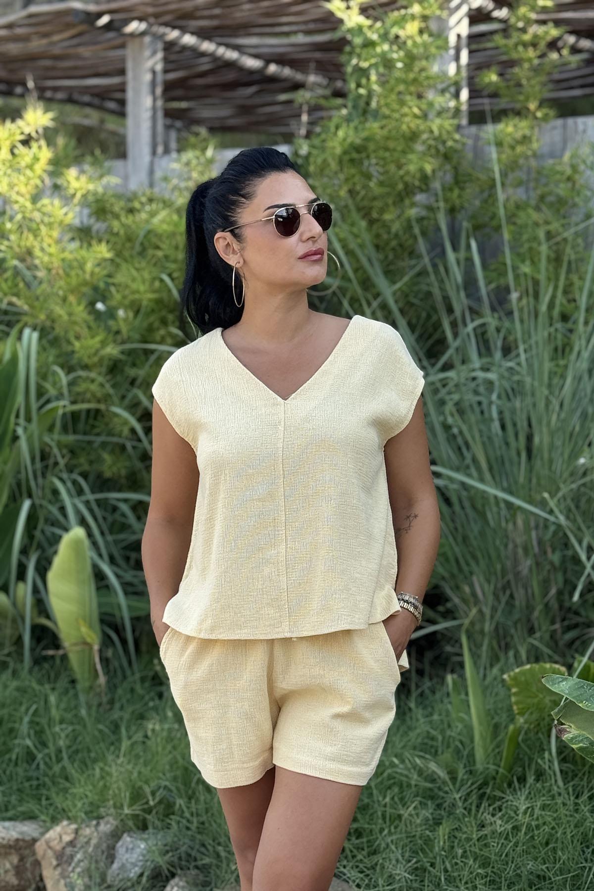 Yellow V Neck Sleeveless Blouse and Shorts Set