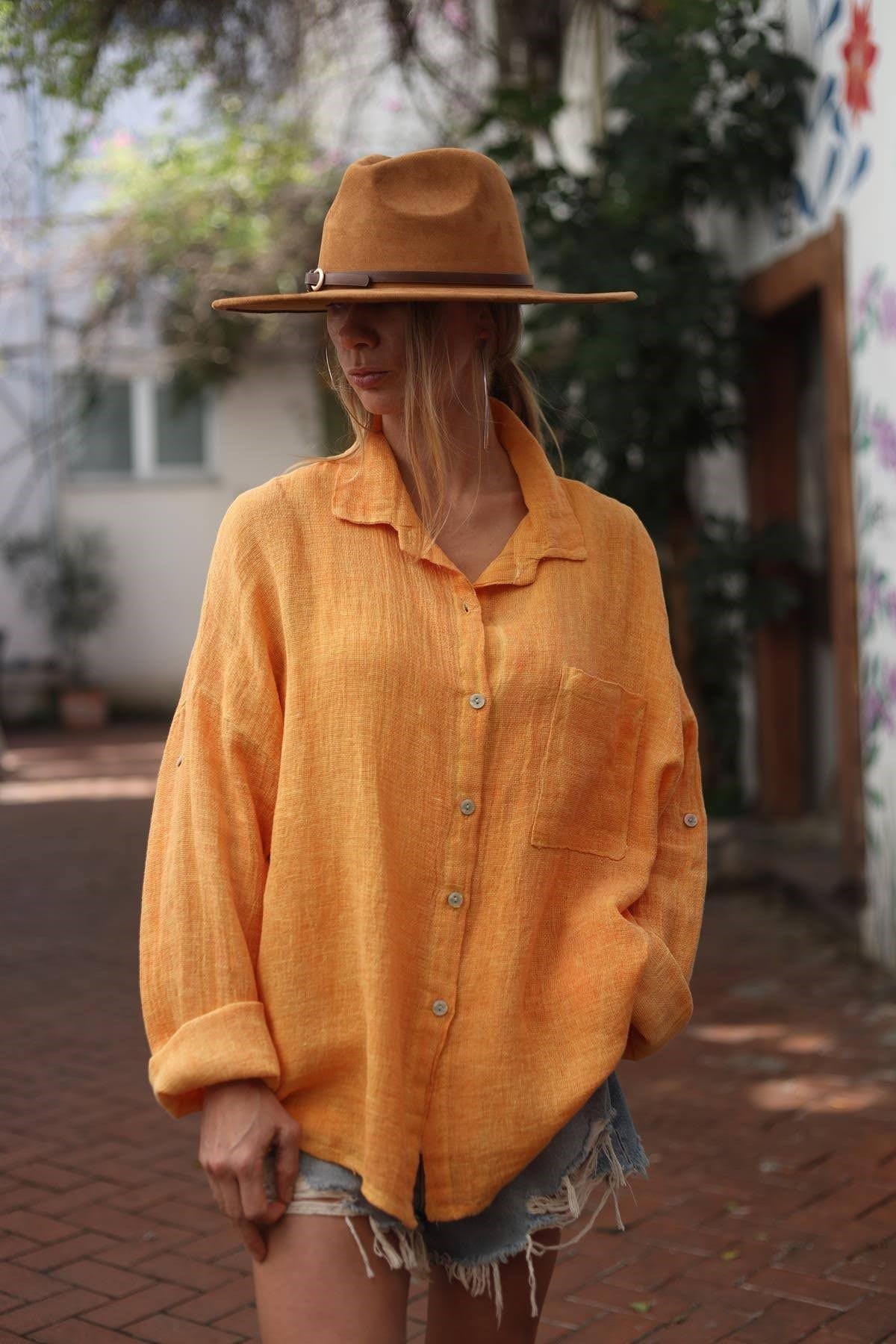 Kavuniçi Tek Cepli Soft Keten Gömlek