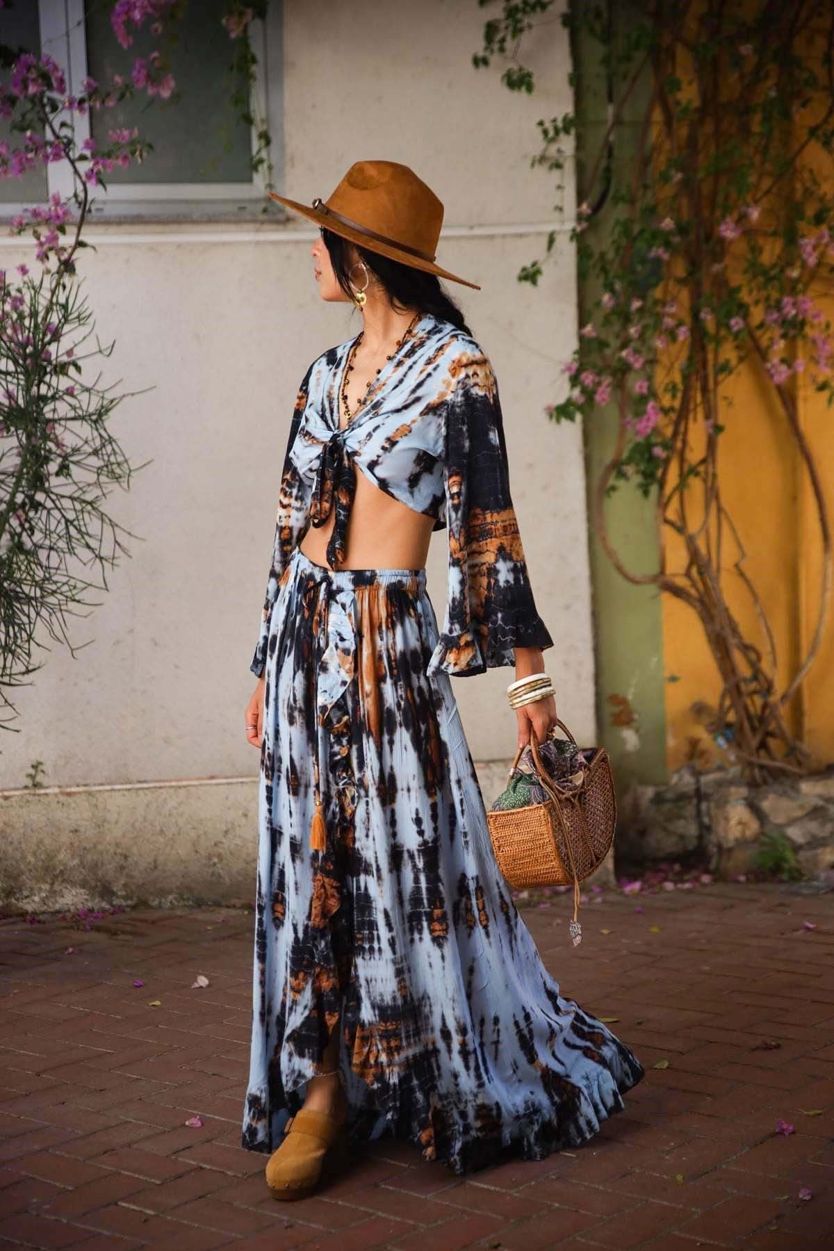 Turkuaz Batikli Volanlı Etek ve Bolero Takım