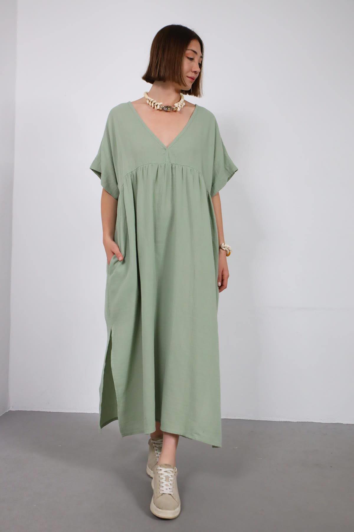 Mint Yeşili Kısa Kollu Müslin Elbise - Şaman Butik Mint Yeşili Kısa Kollu Müslin Elbise