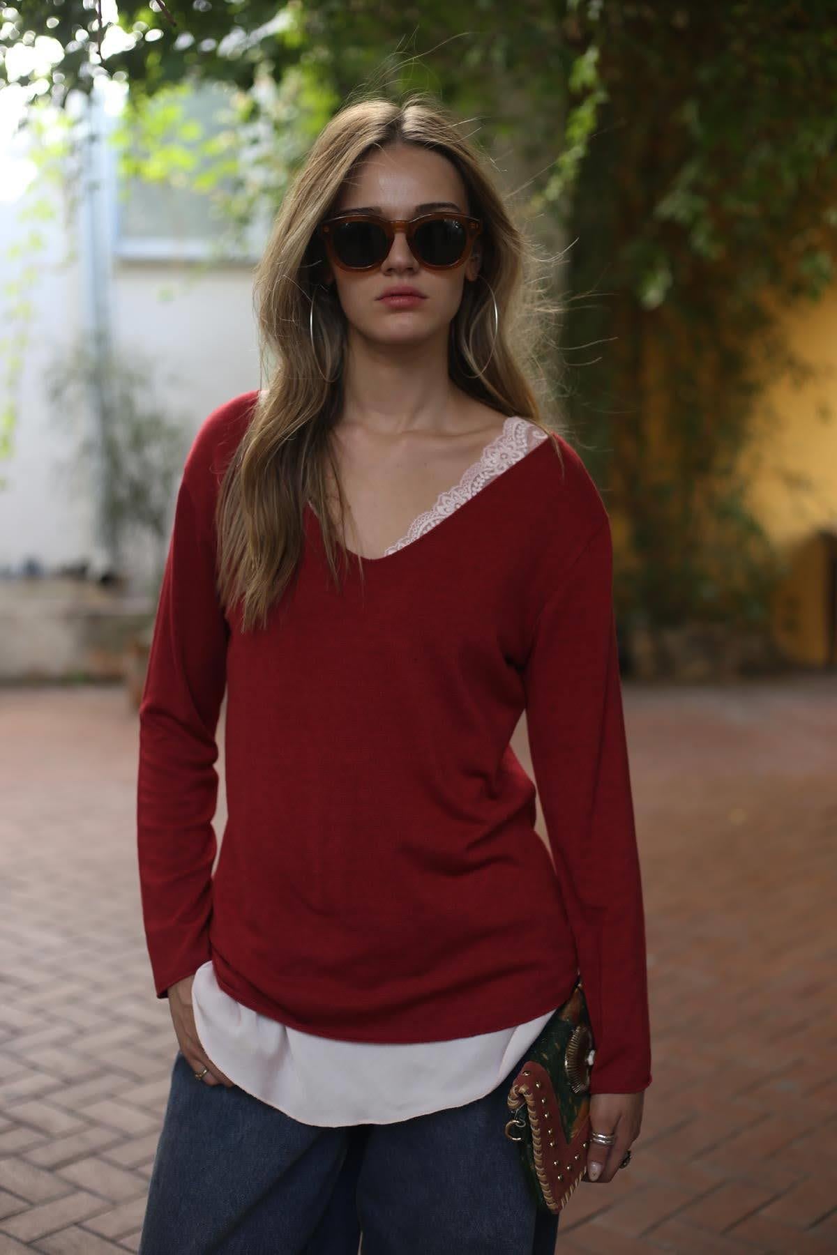 Bordo Yumuşak Doku V Yaka Bluz
