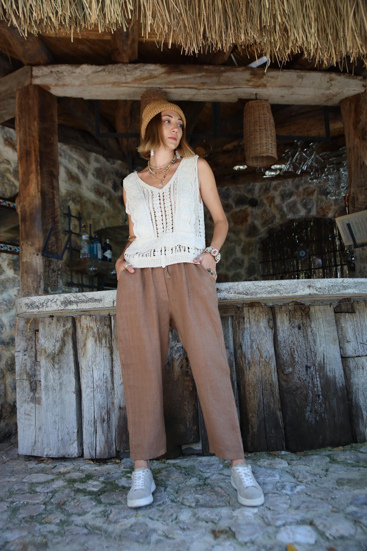 Toprak Rengi Beli İpli Judith Pantolon - Şaman Butik Toprak Rengi Beli İpli Judith Pantolon