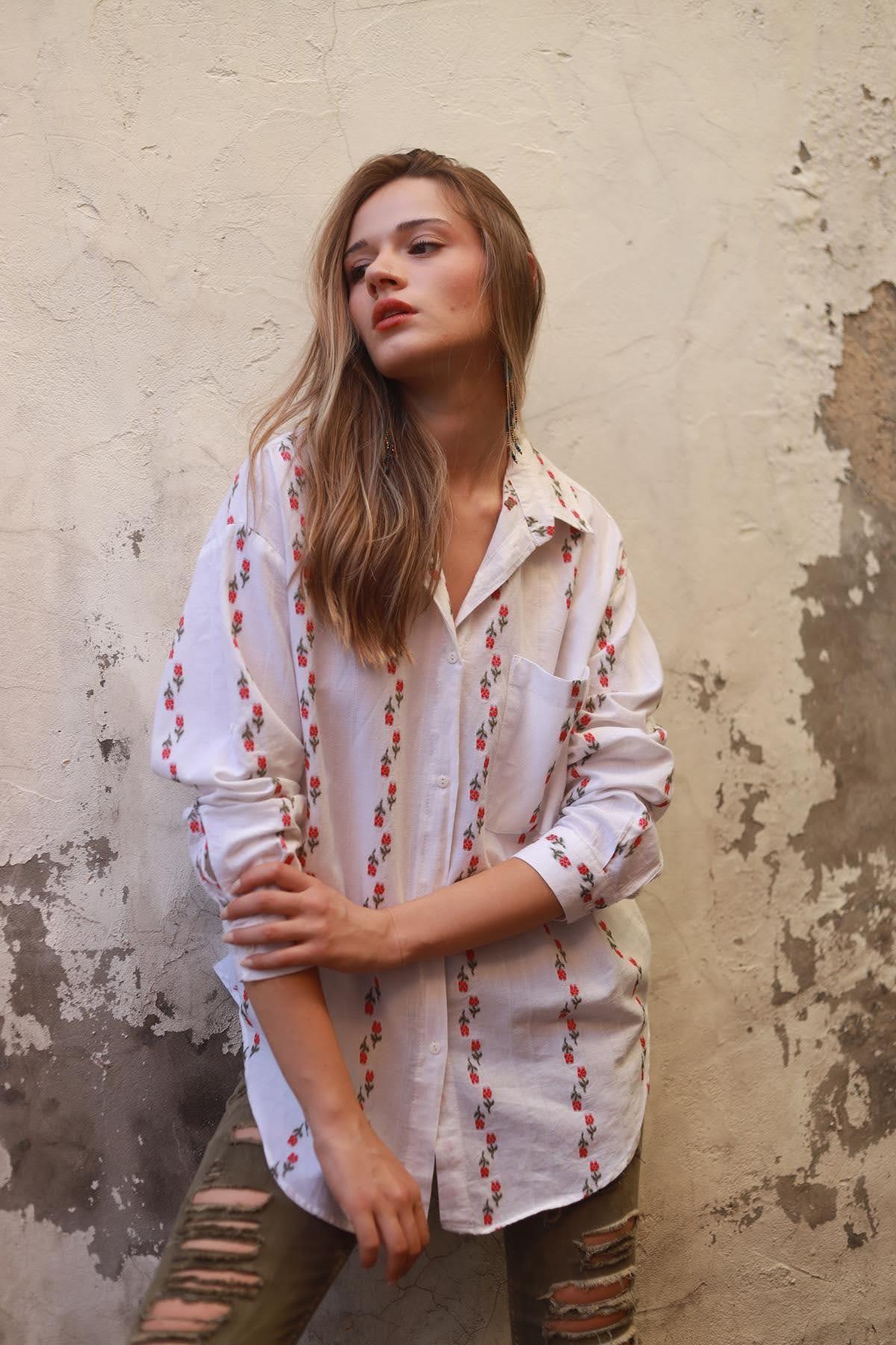 White Flower Embroidered Shirt