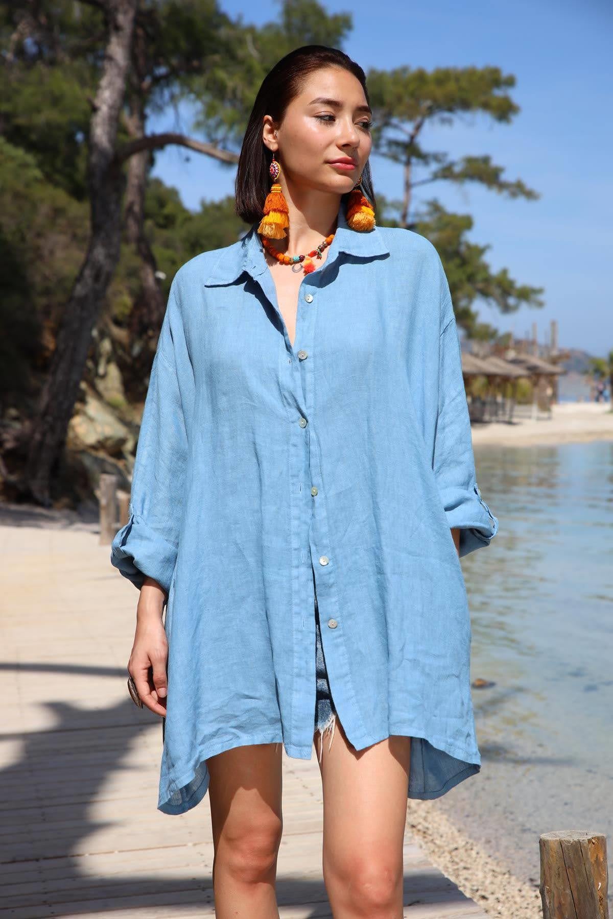 İndigo Mavi Kolları Apoletli Uzun Keten Gömlek - Şaman Butik İndigo Mavi Kolları Apoletli Uzun Keten Gömlek
