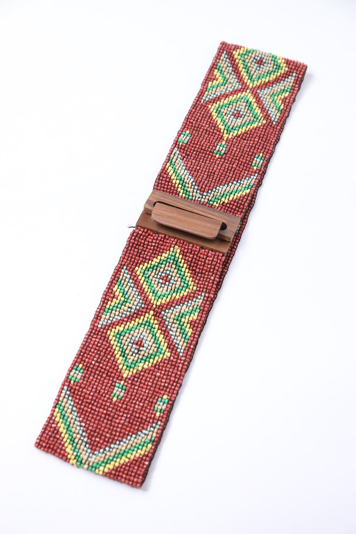 Brick Color Wooden Buckle Detailed Beaded Elastic Belt