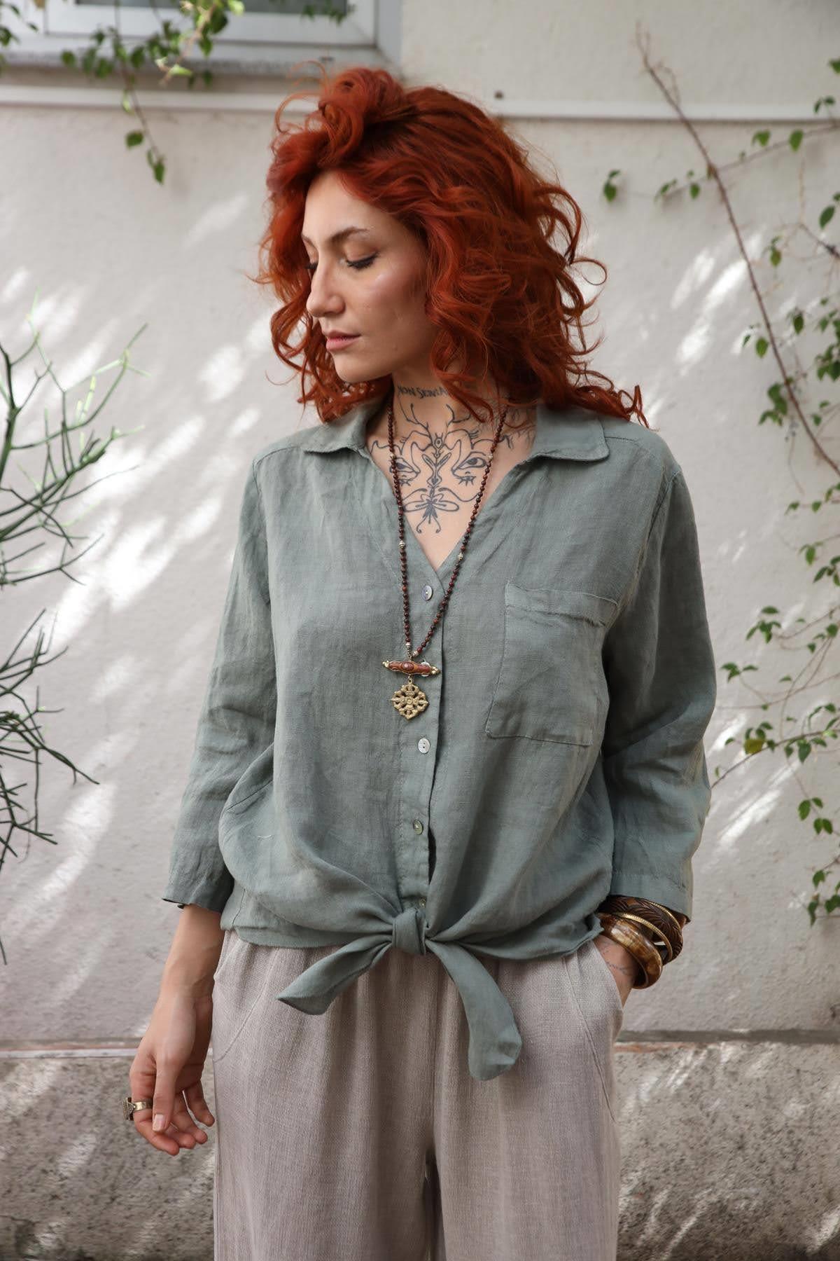 Haki Önü Bağlamalı Keten Gömlek