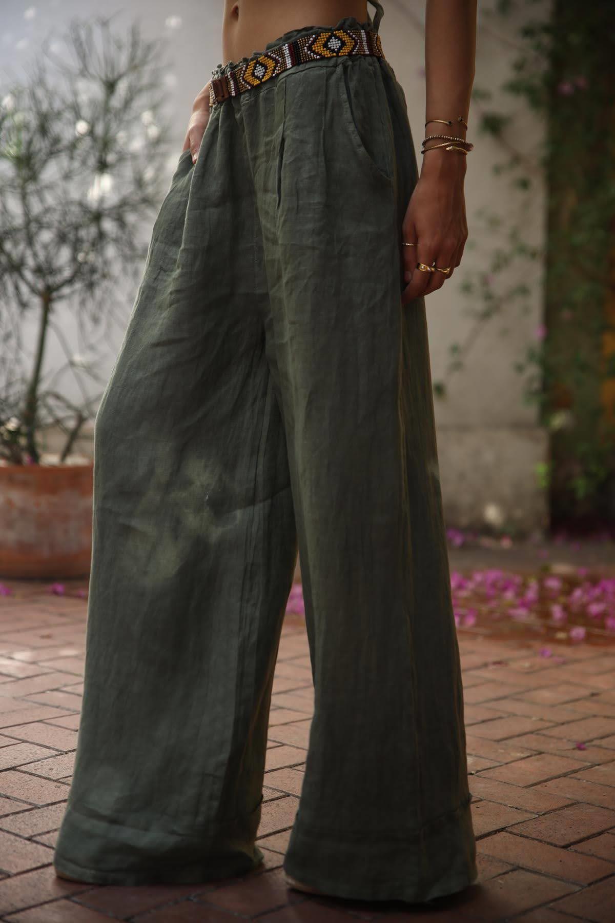 Haki Paçası Katlı Keten Pantolon