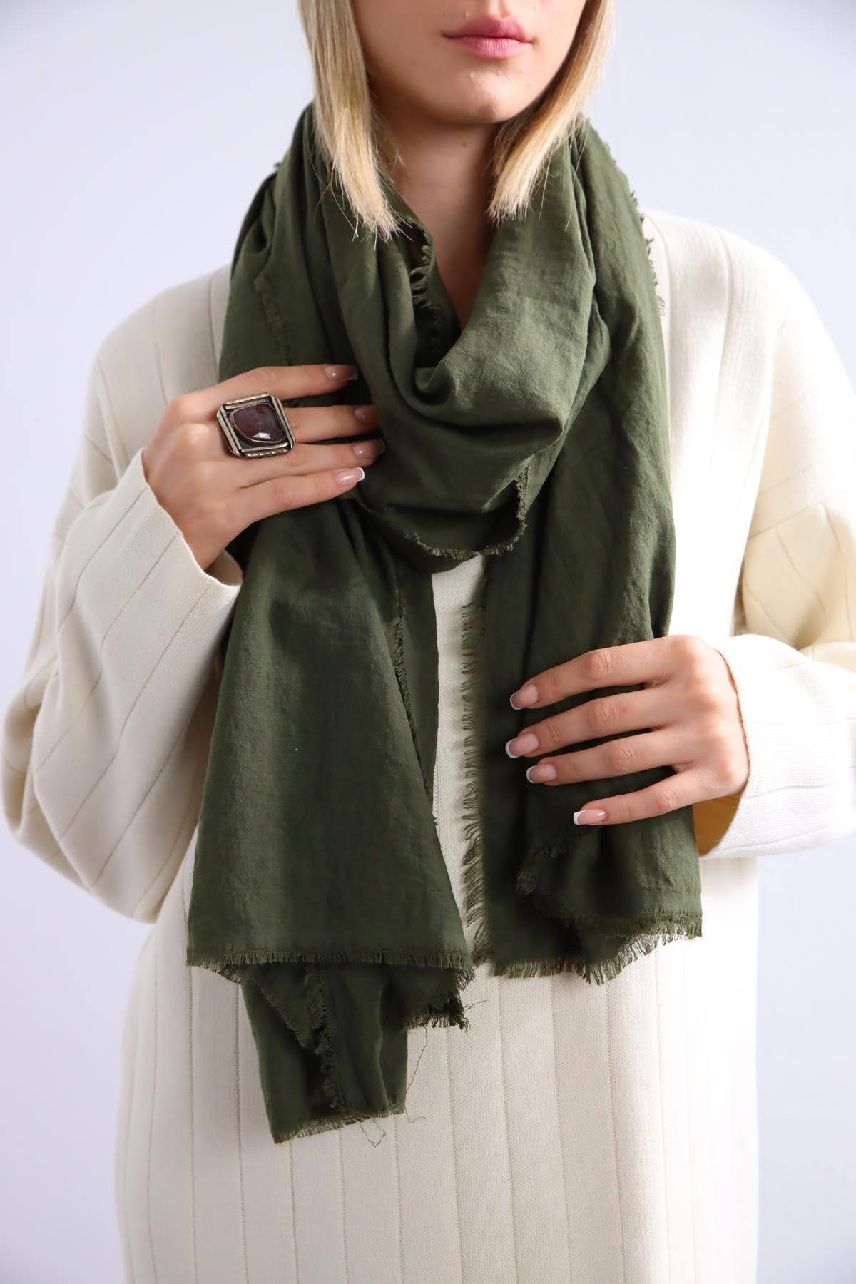 Haki Saçaklı Pamuk Şal - Şaman Butik Haki Saçaklı Pamuk Şal