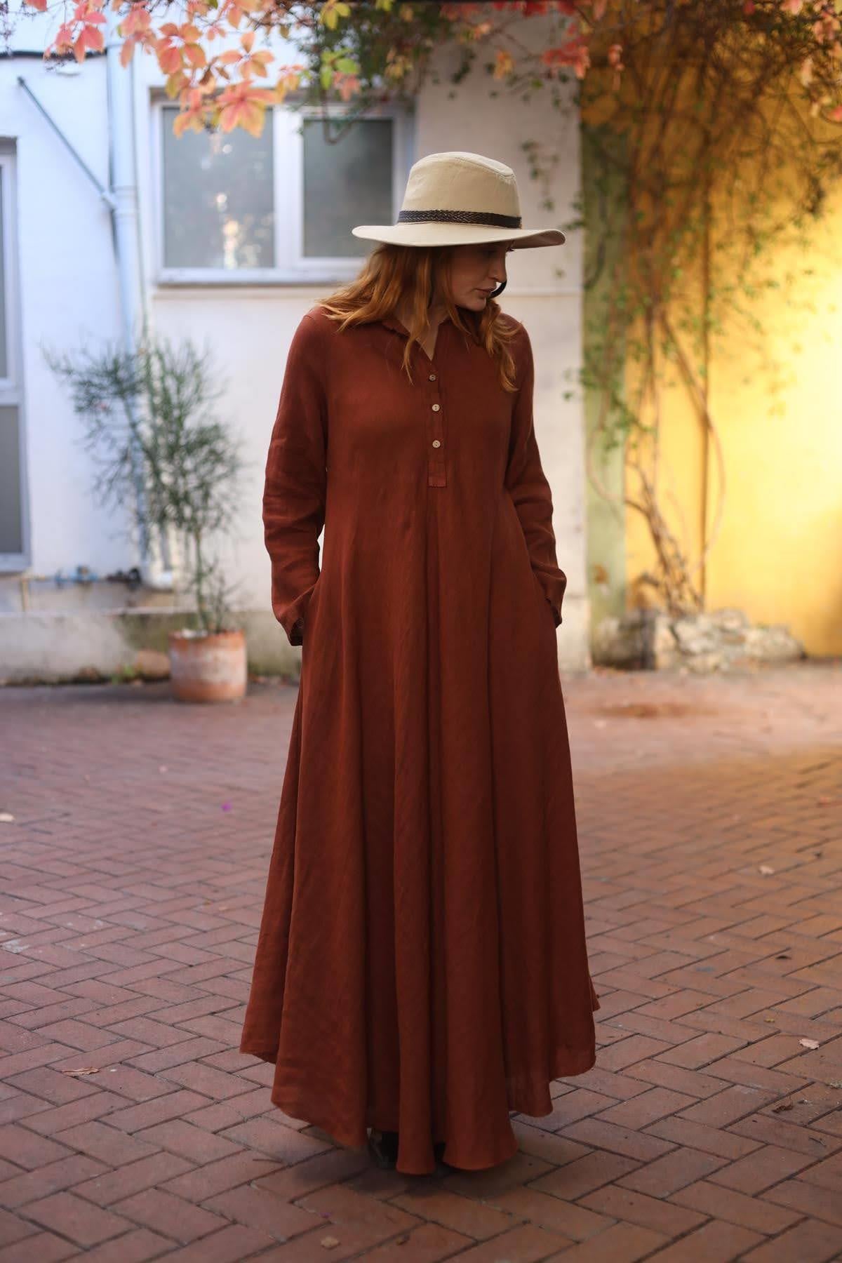 Kiremit Rengi Gömlek Yaka Keten Kloş Elbise