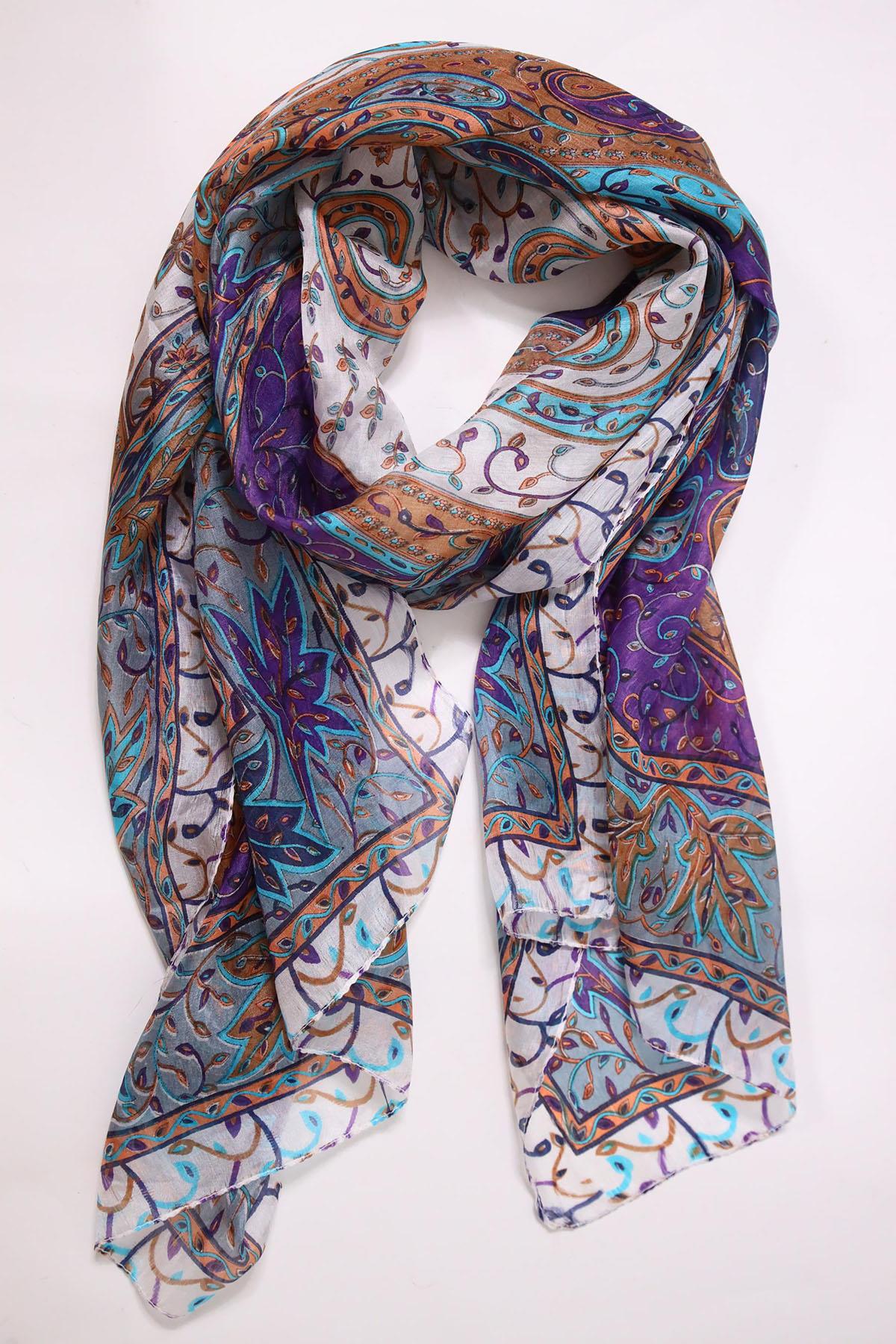 Ekru Desenli İpek Şal - Şaman Butik Ekru Desenli İpek Şal