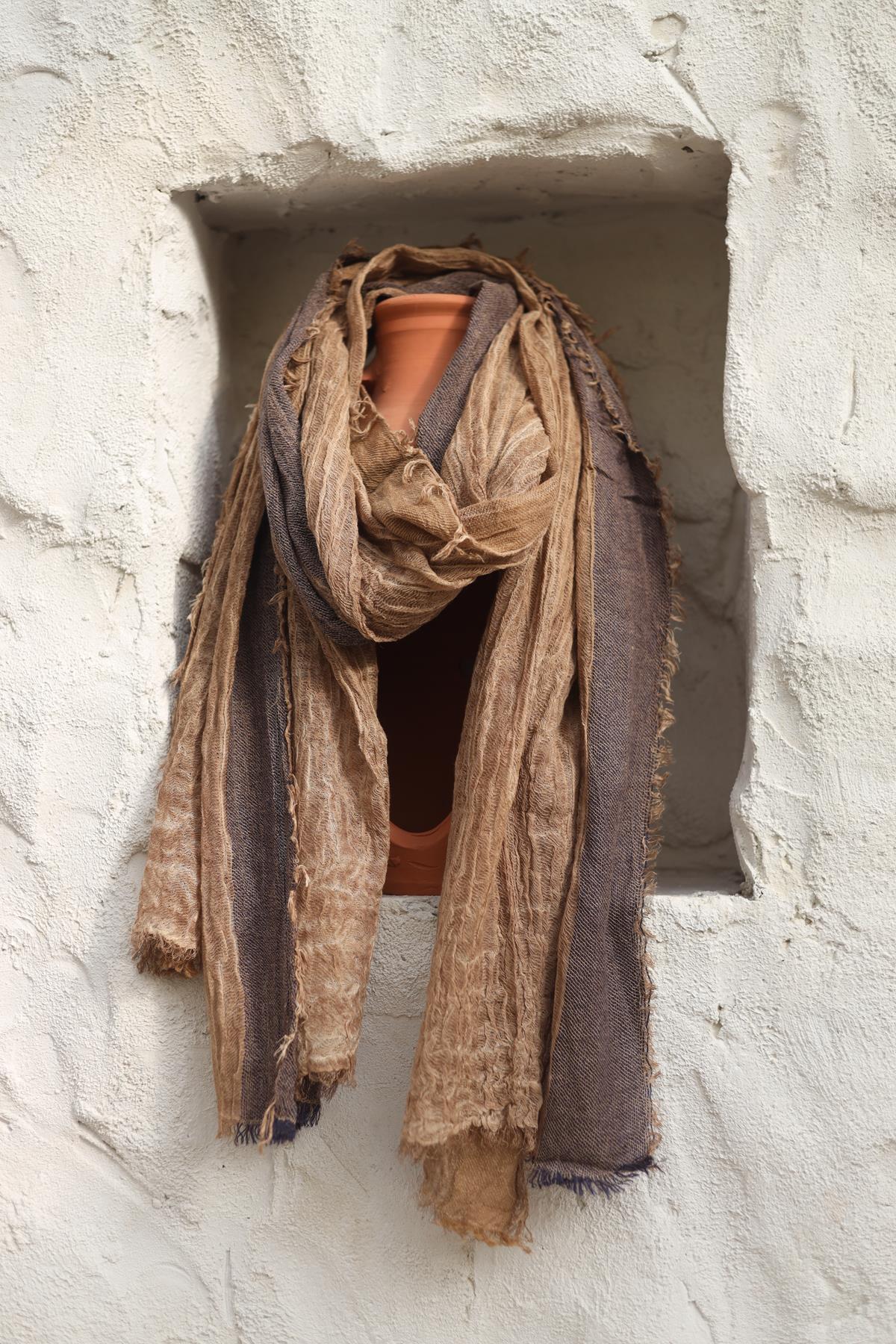 Camel Rengi Parçalı Pamuk Şal