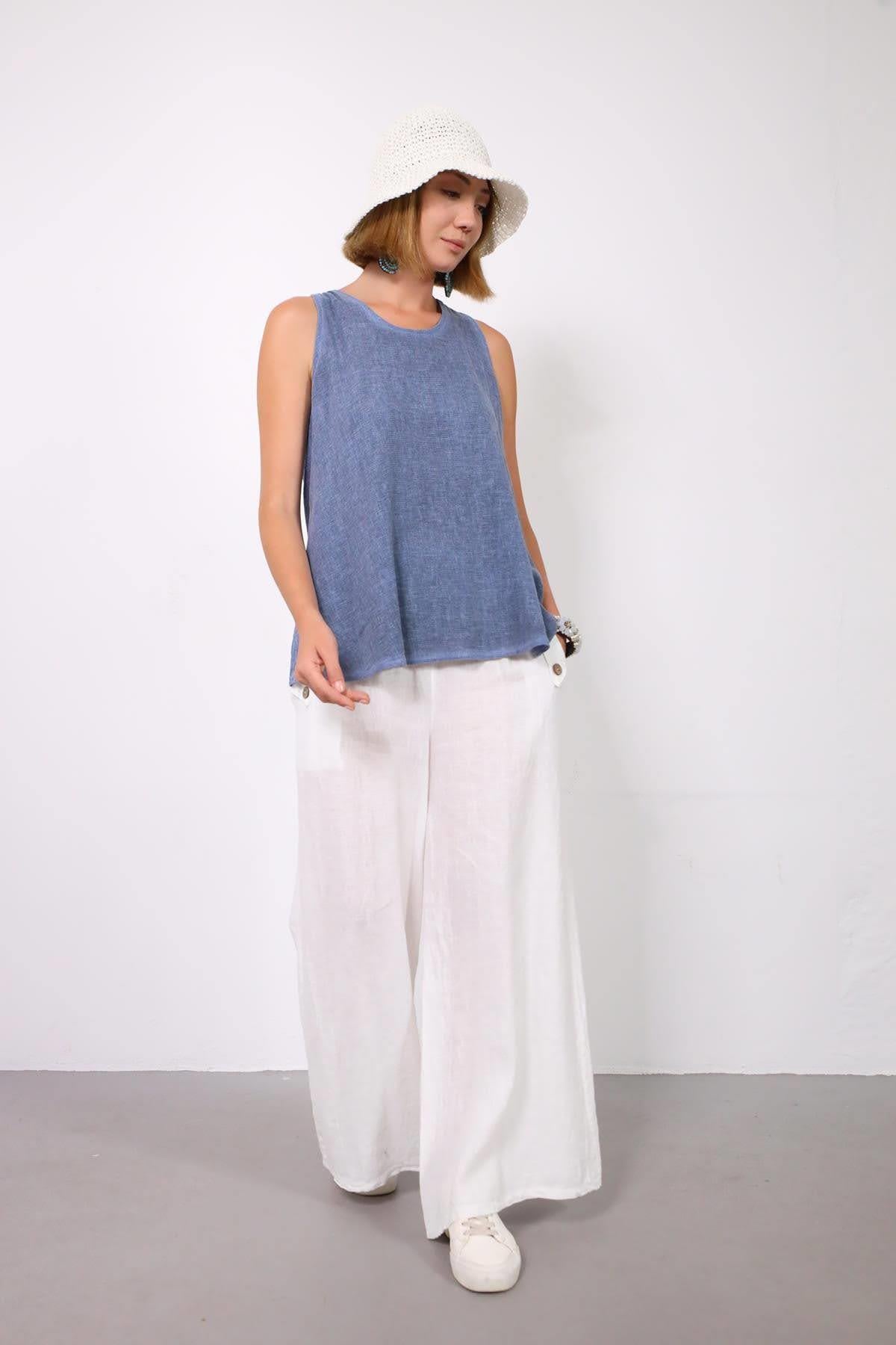 Beyaz Cebi Tek Düğmeli Salaş Keten Pantolon - Şaman Butik Beyaz Cebi Tek Düğmeli Salaş Keten Pantolon