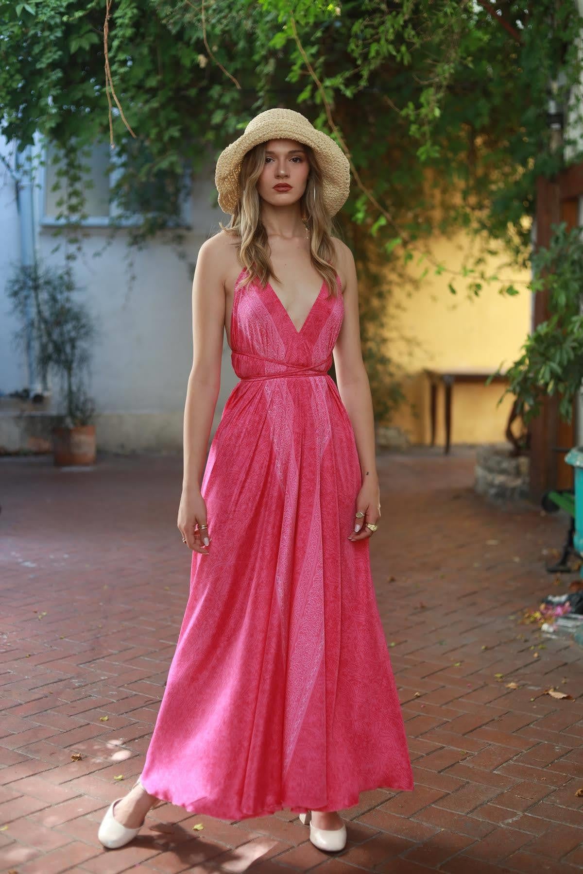 Pink V Cut Tie Neck Dress