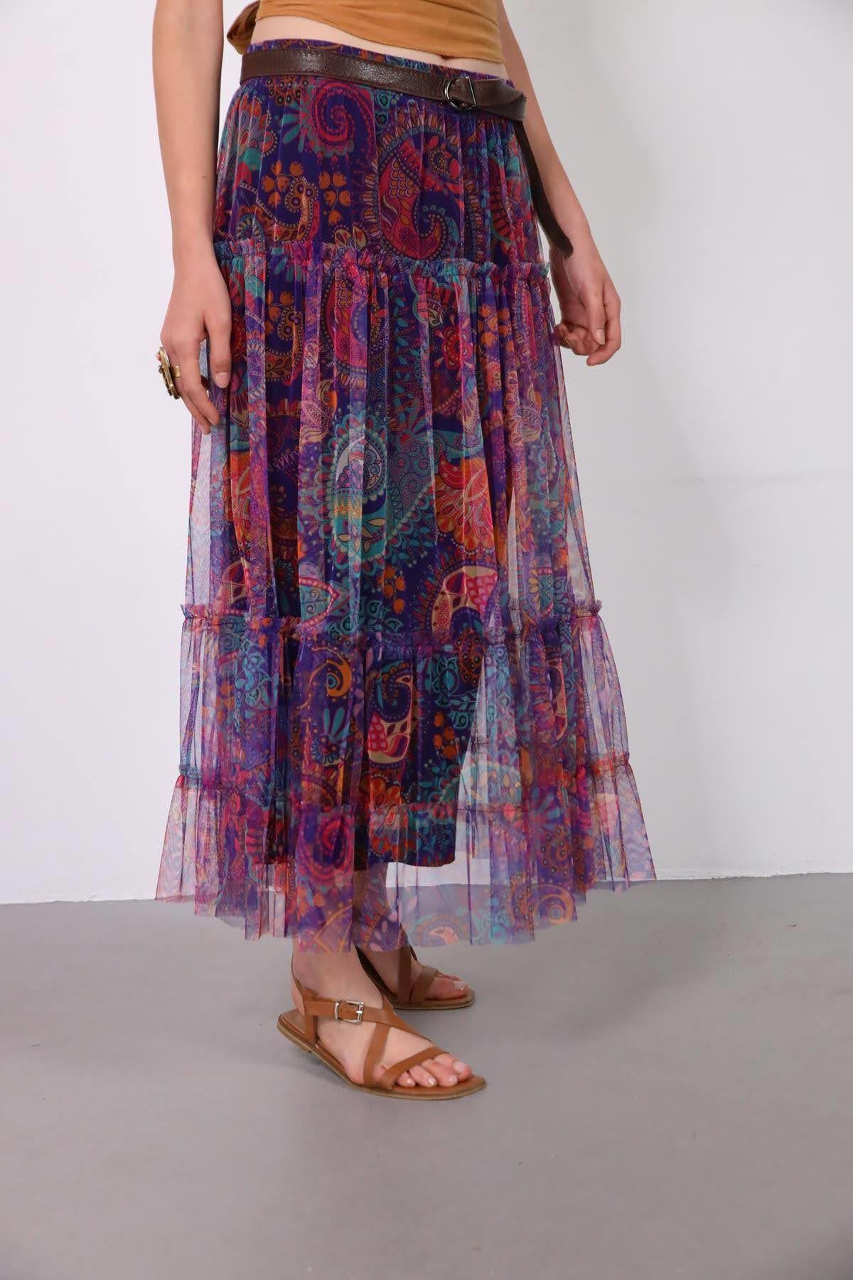 Mor Desenli Kat Kat Tül Etek - Şaman Butik - Bohem Giyim ve Aksesuar | Kadın & Erkek Mor Desenli Kat Kat Tül Etek