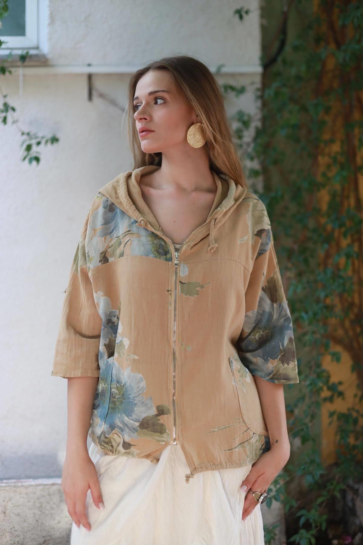 Camel Color Zippered Hooded Jacket
