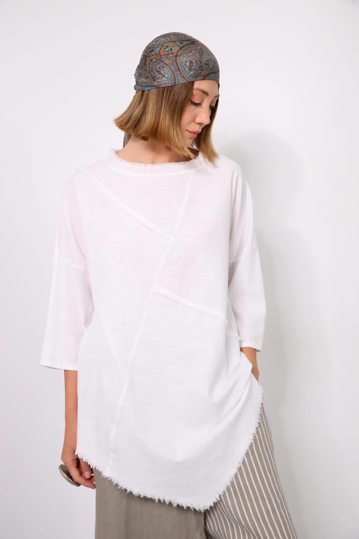 Beyaz Püsküllü Dikiş Detaylı Bisiklet Yaka Bluz - Şaman Butik Beyaz Püsküllü Dikiş Detaylı Bisiklet Yaka Bluz