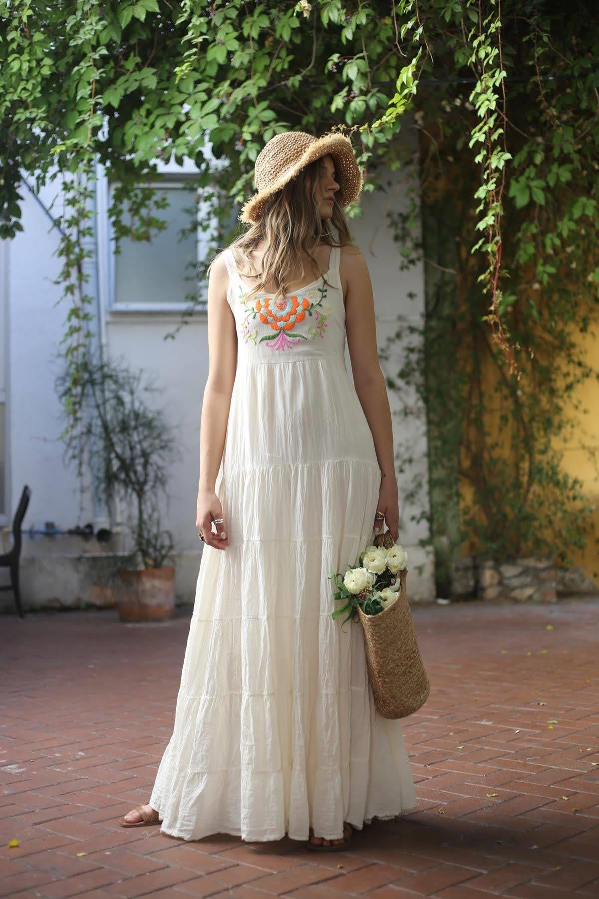 Ecru Embroidered Strappy Bohemian Dress