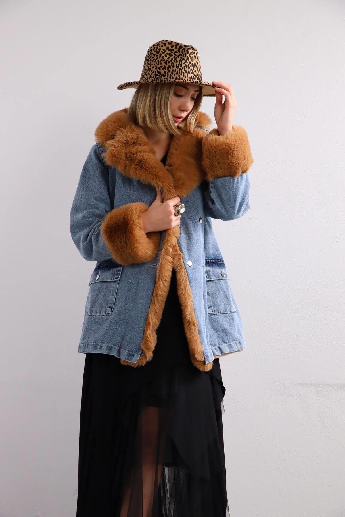  Mavi Camel Rengi Kürklü Kot Ceket