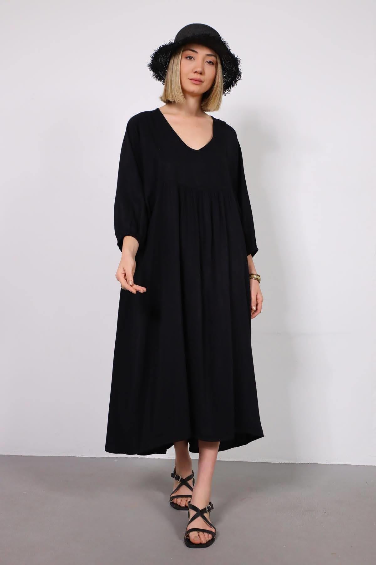 Siyah V Yaka Yarasa Kol Elbise - Şaman Butik Siyah V Yaka Yarasa Kol Elbise