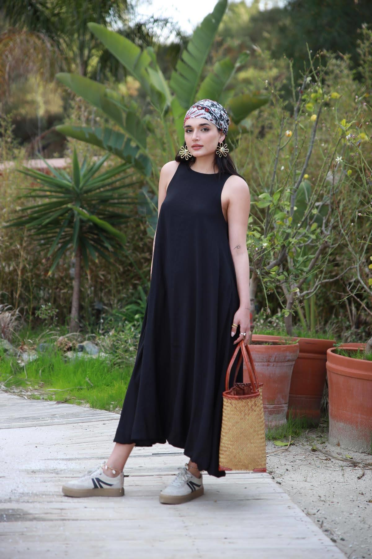 Siyah Bisiklet Yaka Kalın Askılı Balon Elbise