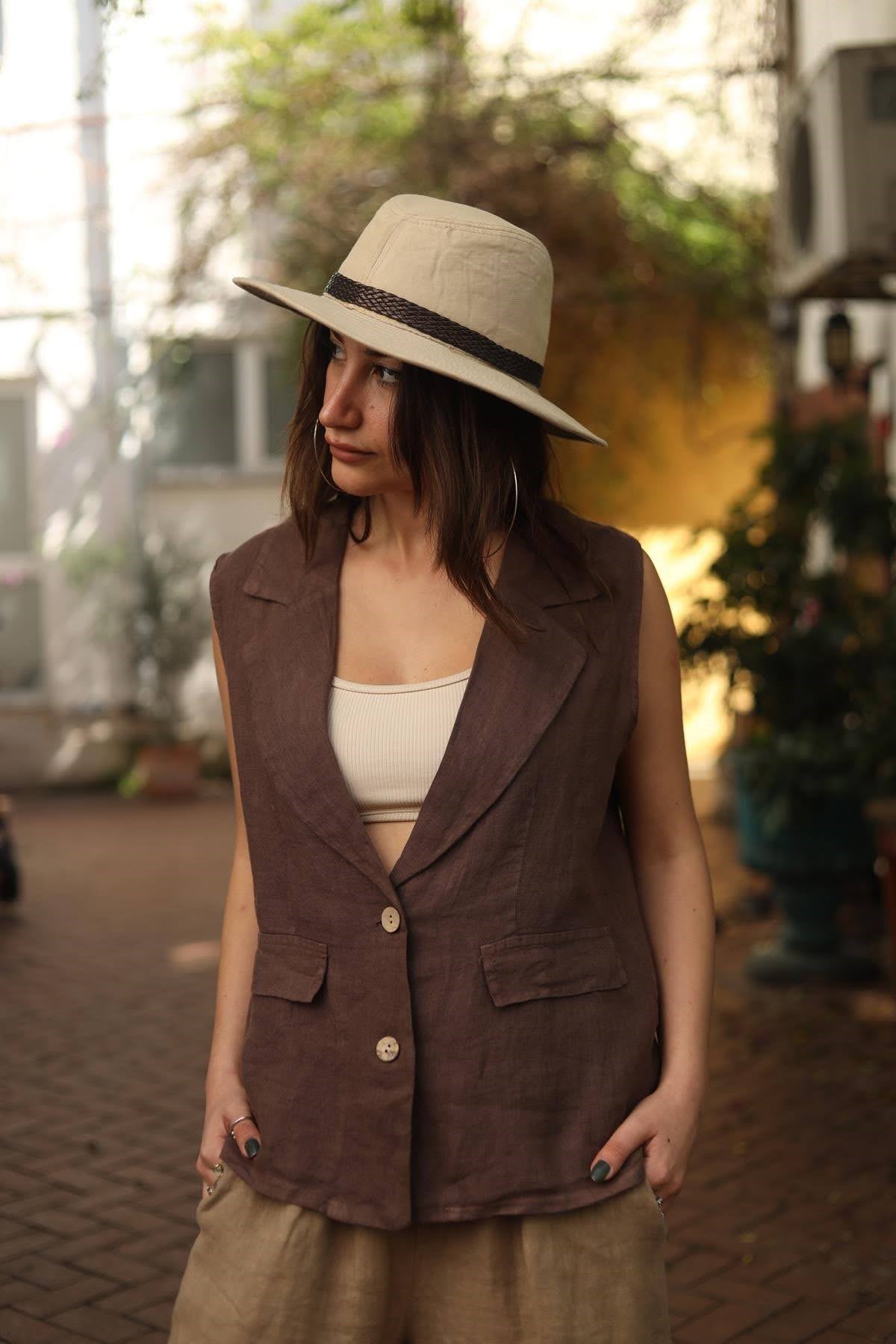 Kahverengi Blazer Yaka Keten Yelek