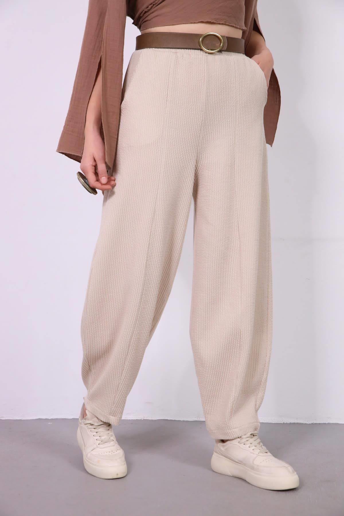  Krem Rengi Fitilli Beli Lastikli Salaş Pantolon