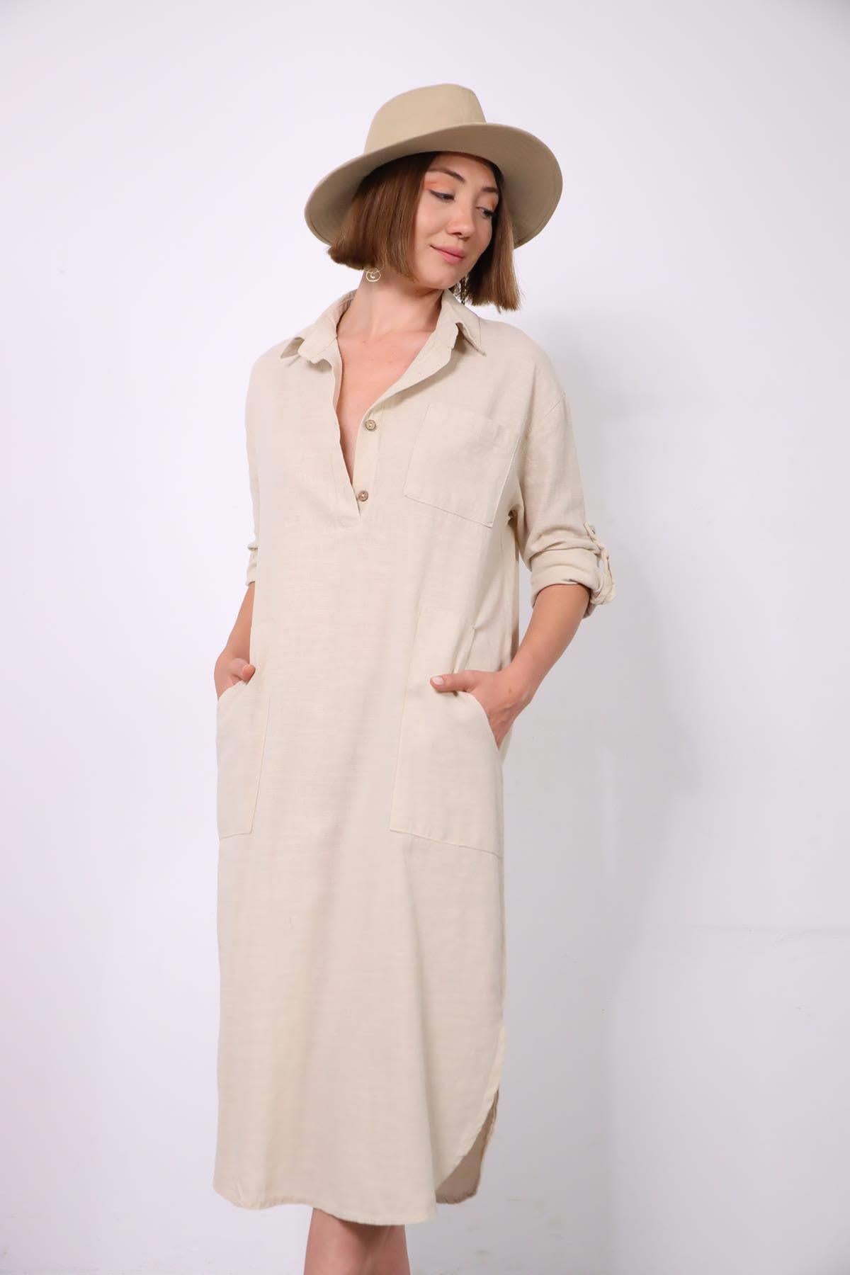  Krem Rengi Gömlek Yaka Cepli Yırtmaçlı Keten Elbise