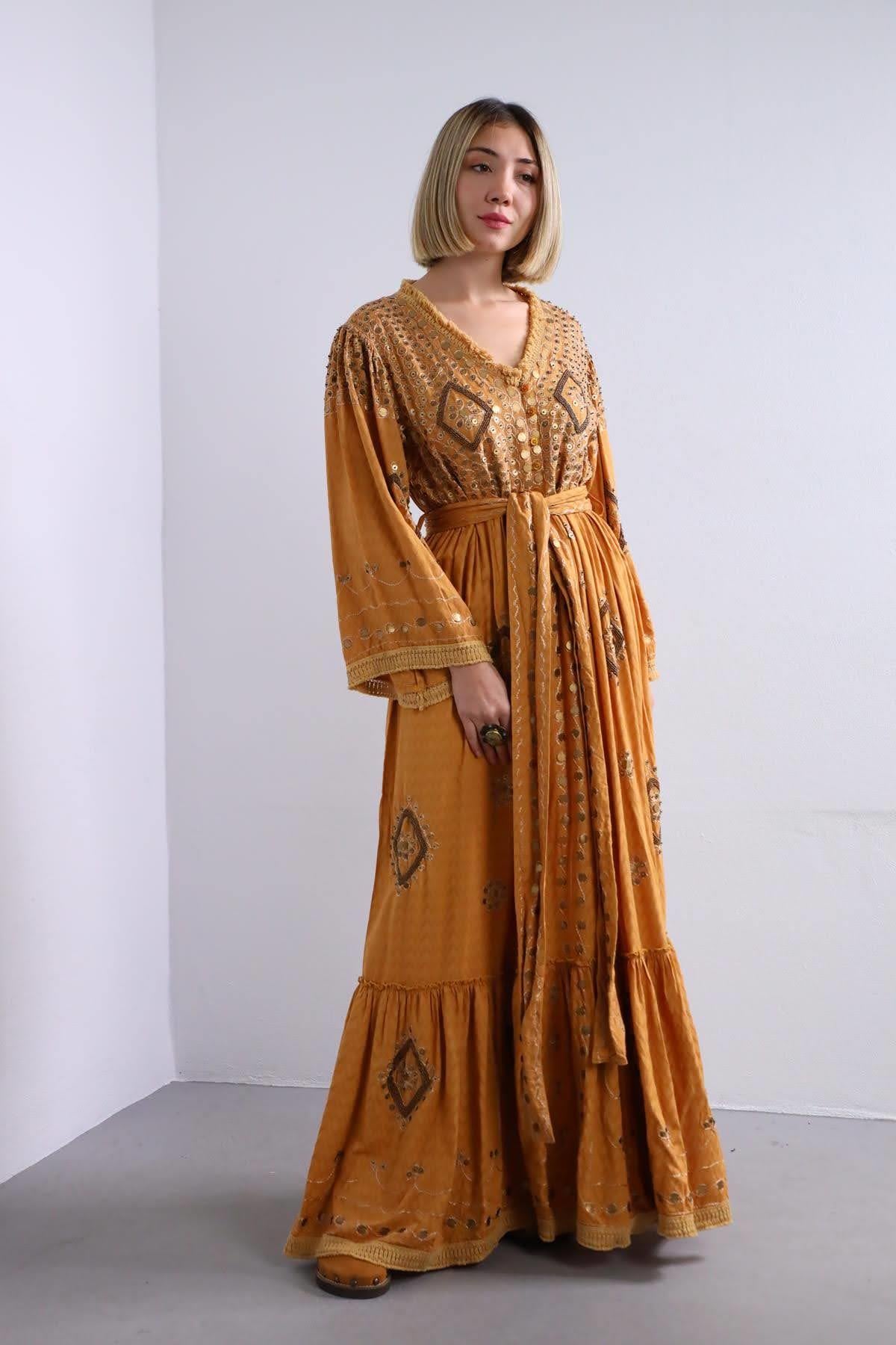  Camel Kendinden Desenli İşlemeli Otantik Elbise