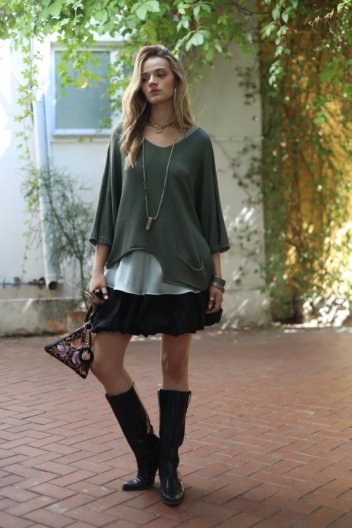 Haki Asimetrik Kesim Cepli Triko Bluz