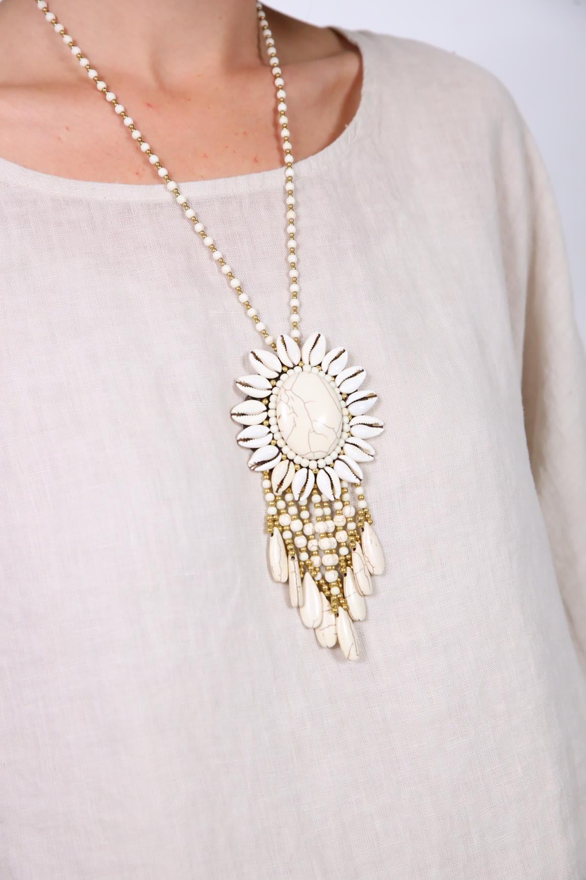 Beyaz Sallantılı El Yapımı Bronz Kolye - Şaman Butik Beyaz Sallantılı El Yapımı Bronz Kolye