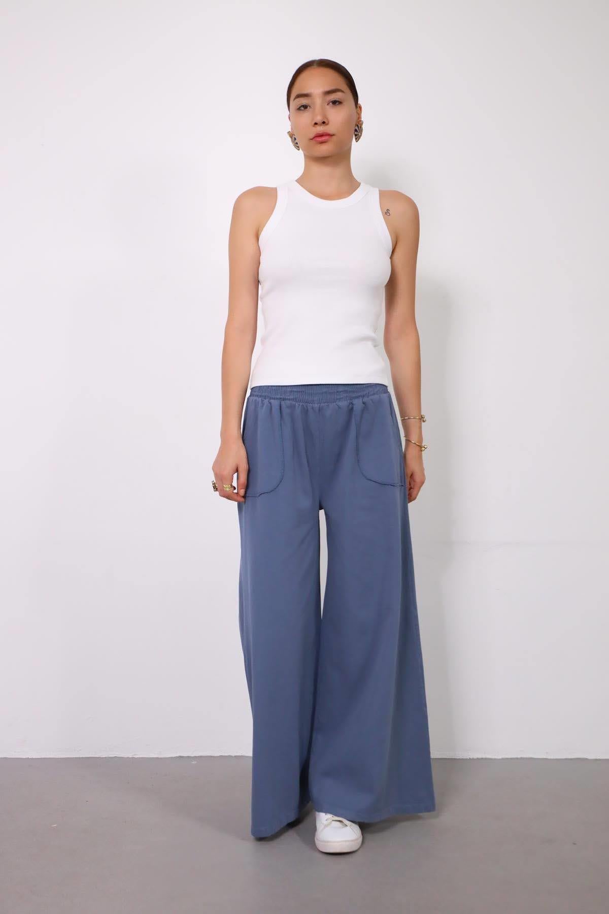 İndigo Mavi Cebi Detaylı İspanyol Paça Pantolon - Şaman Butik İndigo Mavi Cebi Detaylı İspanyol Paça Pantolon