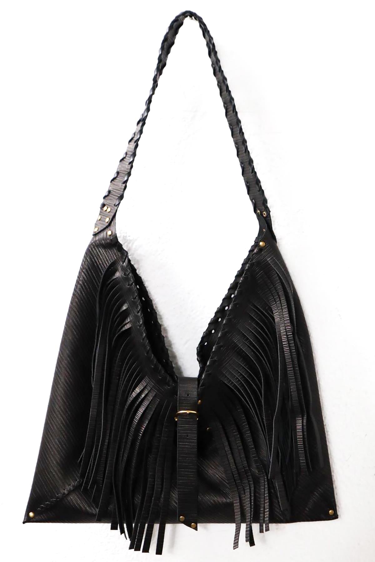  Siyah Desenli Püsküllü Origami Deri Çanta