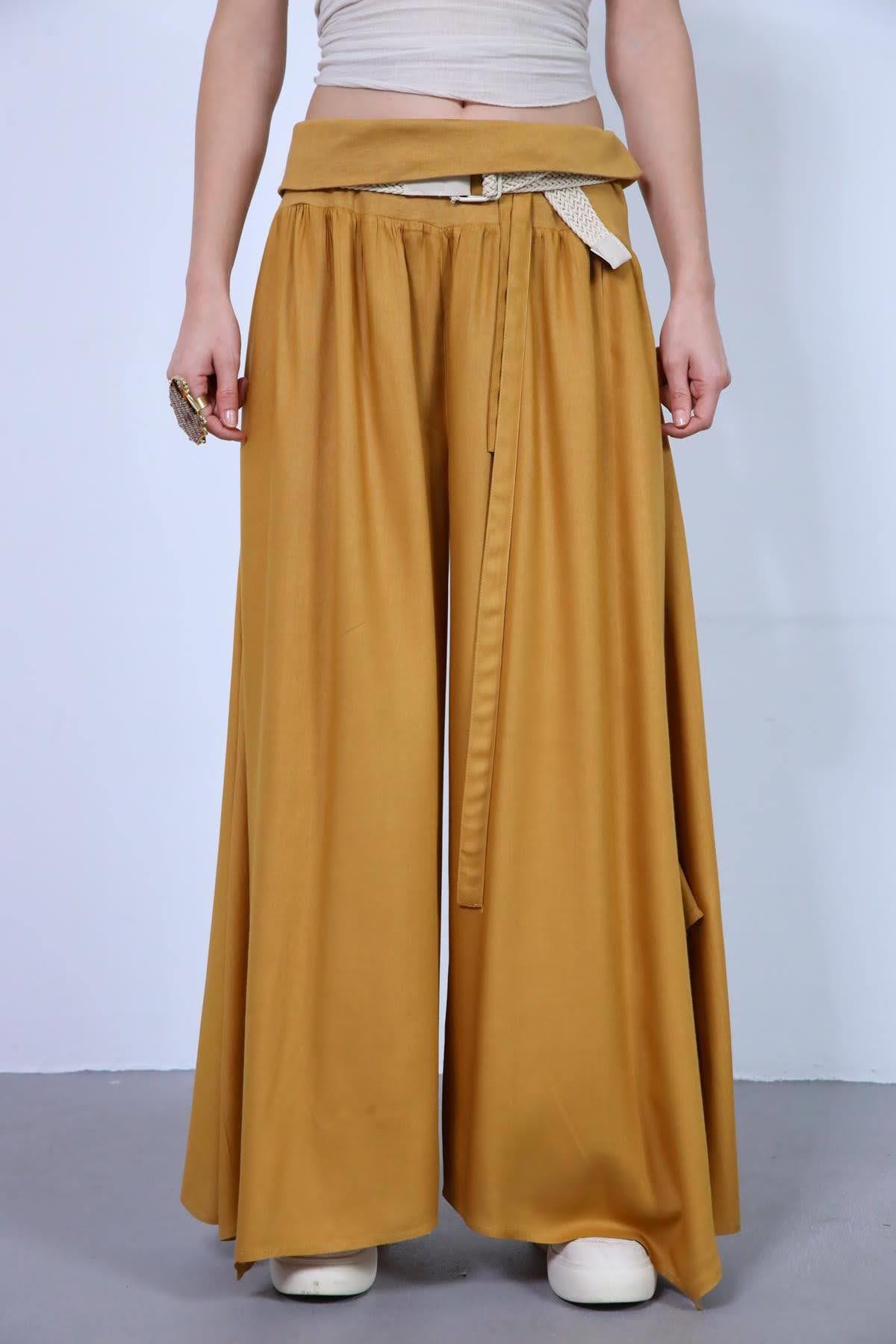 Camel Rengi Beli İpli Yırtmaçlı Yarasa Pantolon - Şaman Butik Camel Rengi Beli İpli Yırtmaçlı Yarasa Pantolon