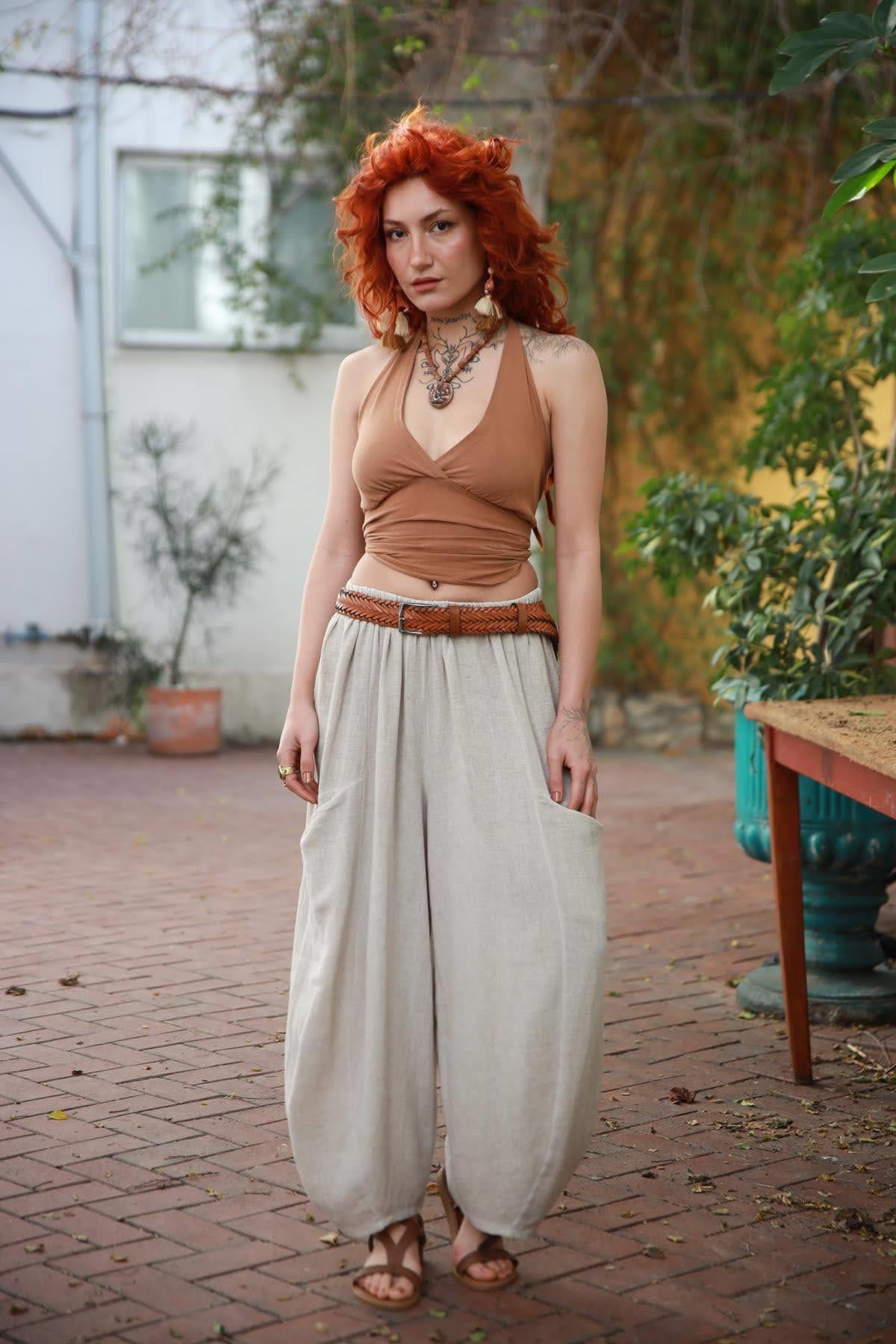 Krem Rengi Beli Lastikli Yanları Cepli Keten Pantolon