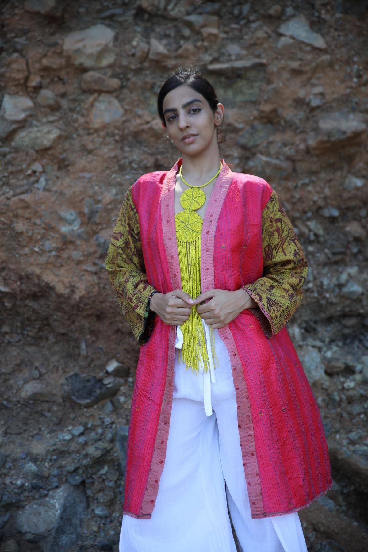  Fuşya Dikiş Detayı Çift Taraflı Otantik Kaftan