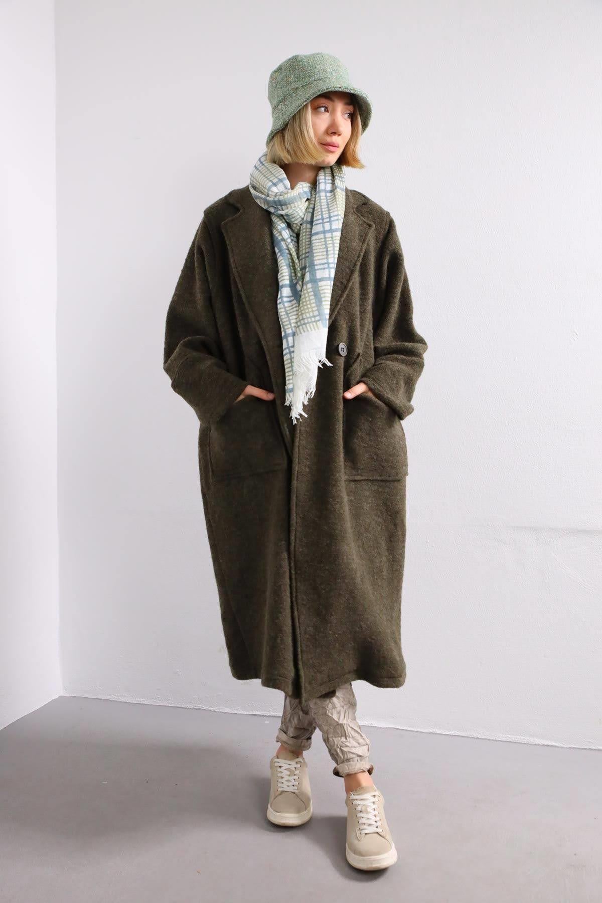 Haki Cep Detaylı Keçe Kaban - Şaman Butik Haki Cep Detaylı Keçe Kaban