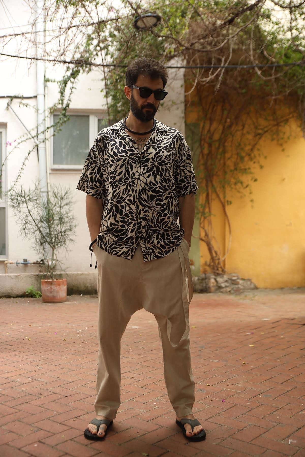 Cream Straight Leg Cord Detailed Drop Crotch Pants