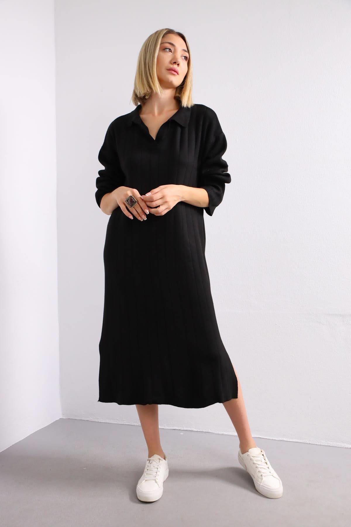  Siyah Yakalı Fitilli Triko Elbise