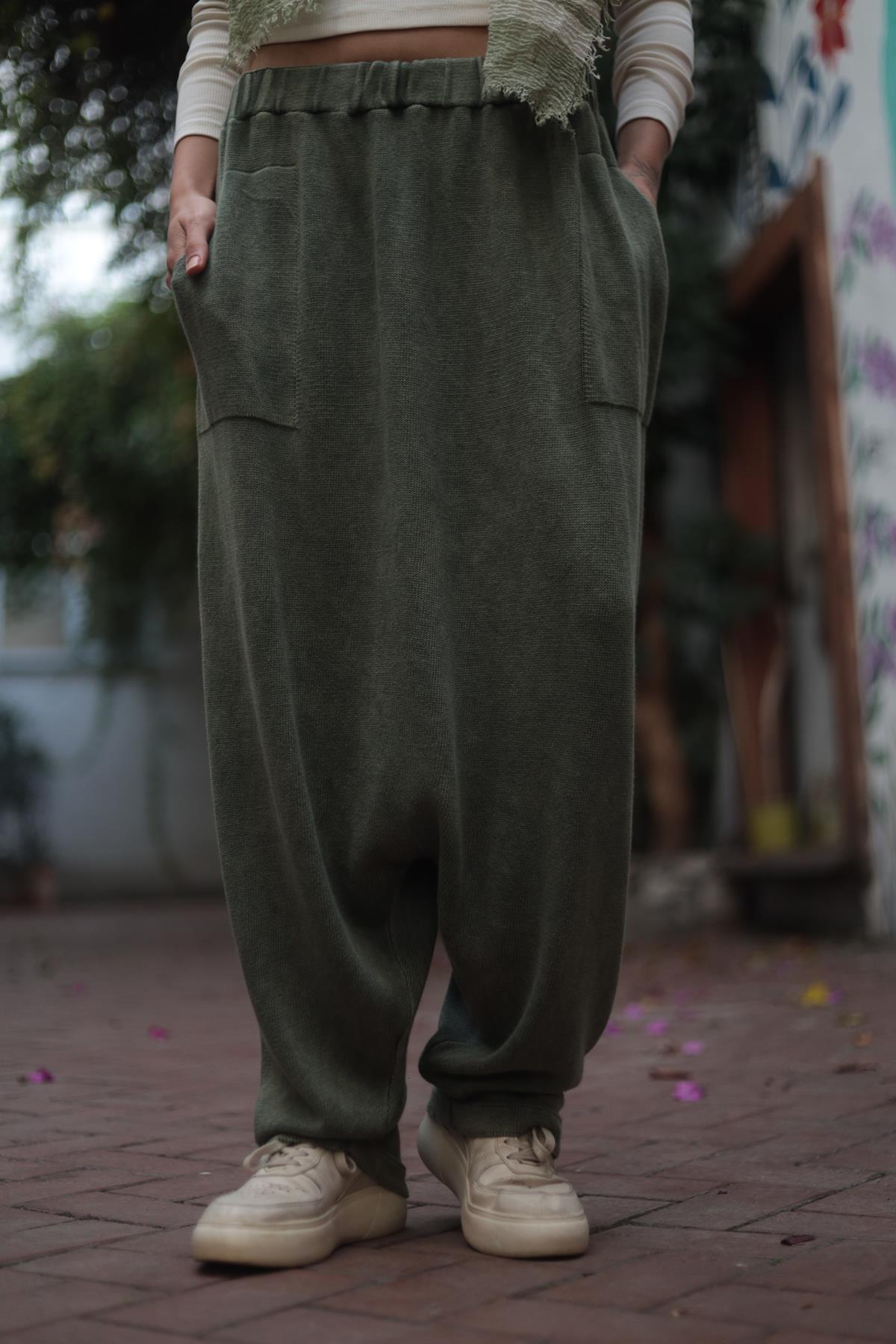 Haki Yıkamalı Triko Şalvar