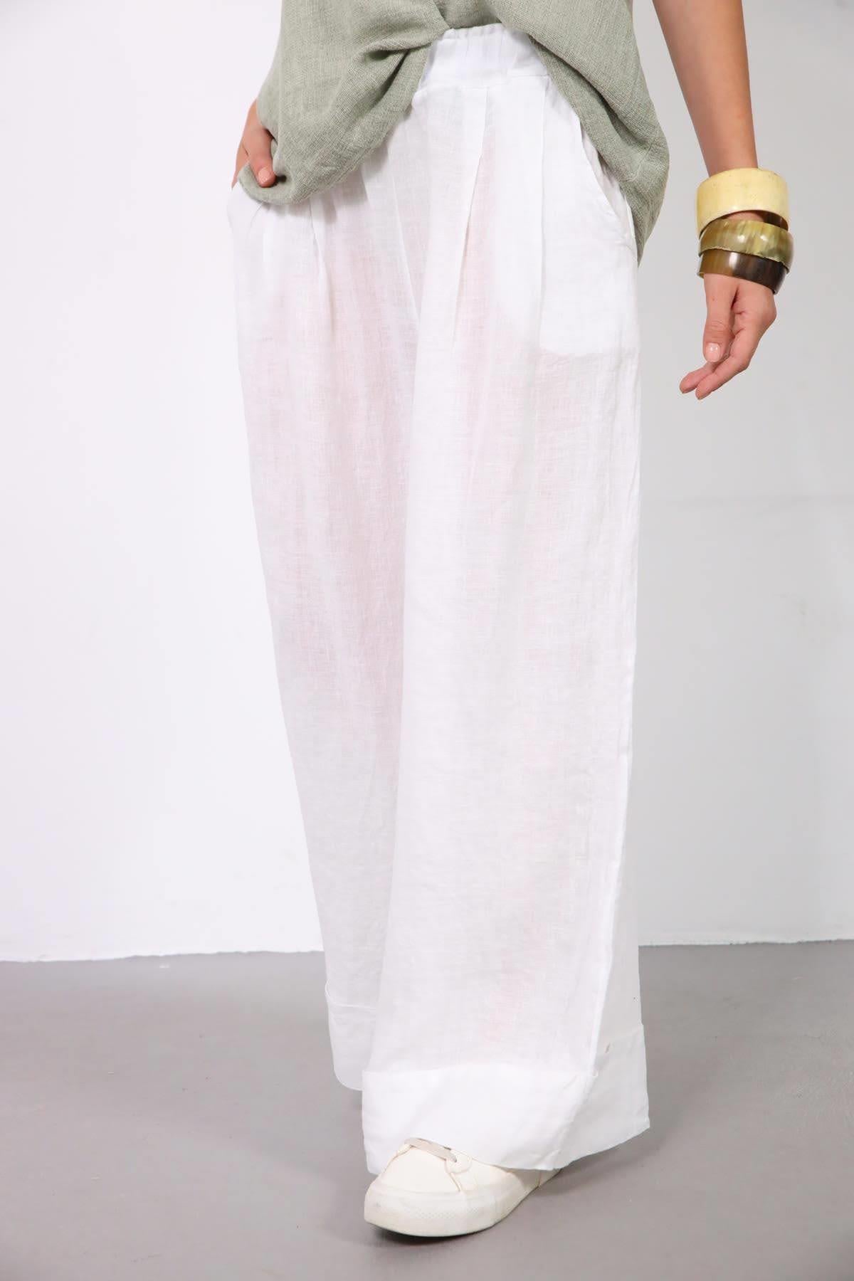 Beyaz Duble Paça Pileli Keten Pantolon - Şaman Butik Beyaz Duble Paça Pileli Keten Pantolon