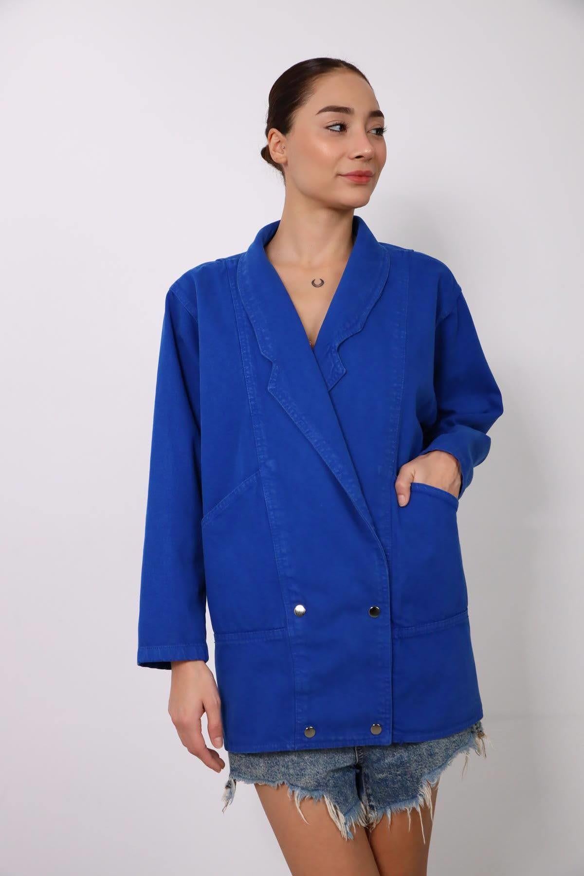 Sax Blue Shawl Collar Denim Jacket - Saman Butik | Shop Online Sax Blue Shawl Collar Denim Jacket