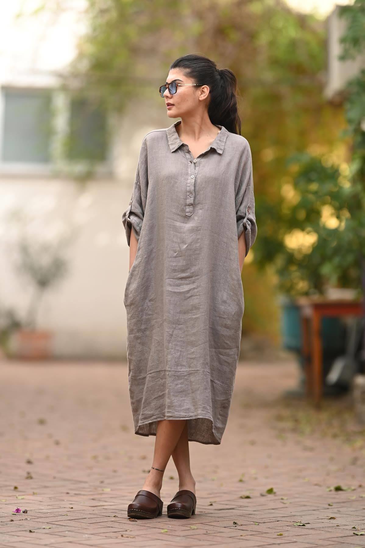 Vizon Rengi Arkası Halkalı Dikiş Detaylı Keten Gömlek Elbise