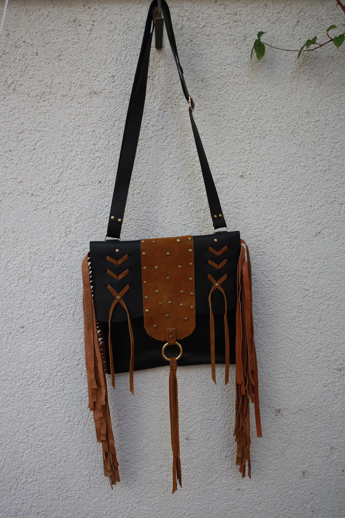 Black Tassel Studded Leather Bag