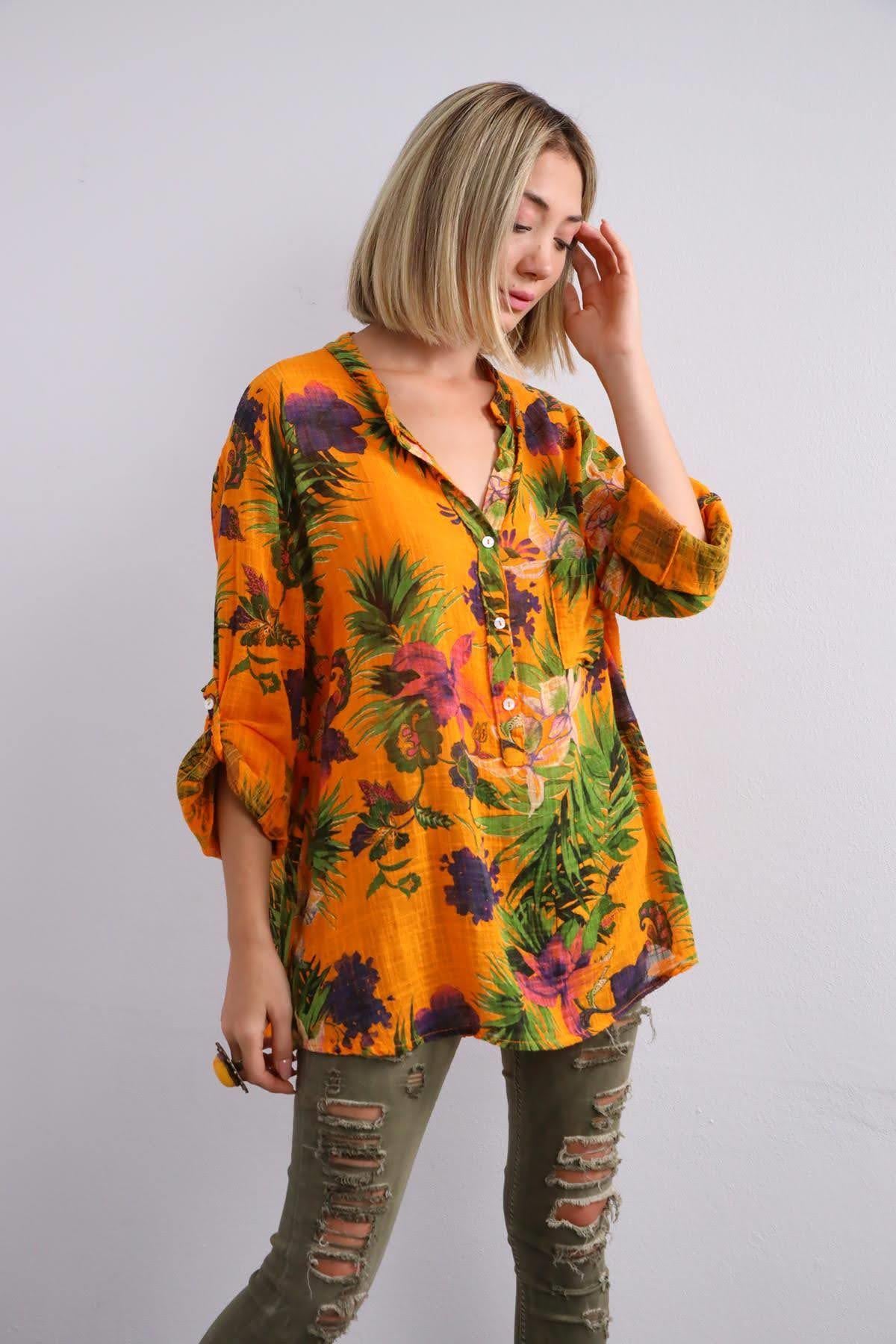  Turuncu Lilyum Desenli Gömlek