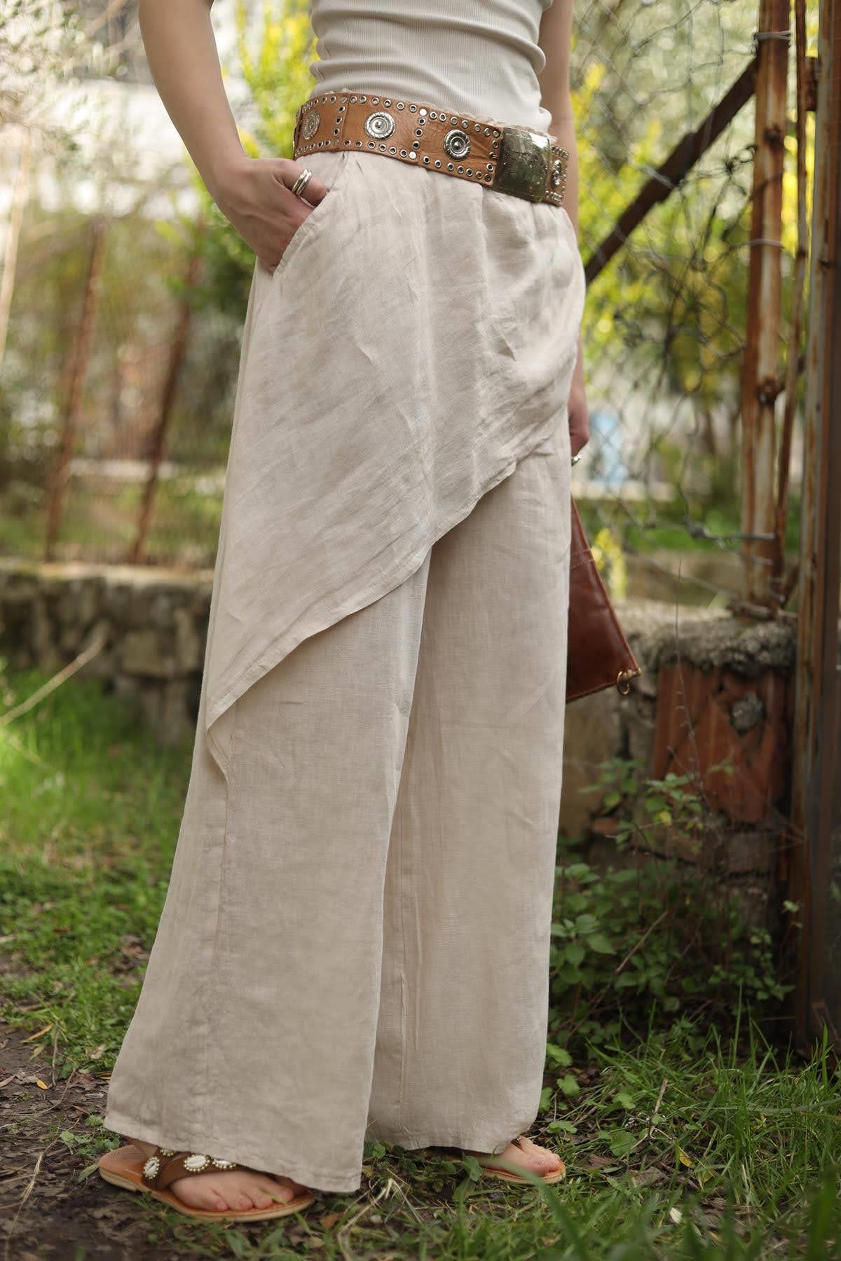 Krem Rengi Önü Kapaklı Keten Pantolon