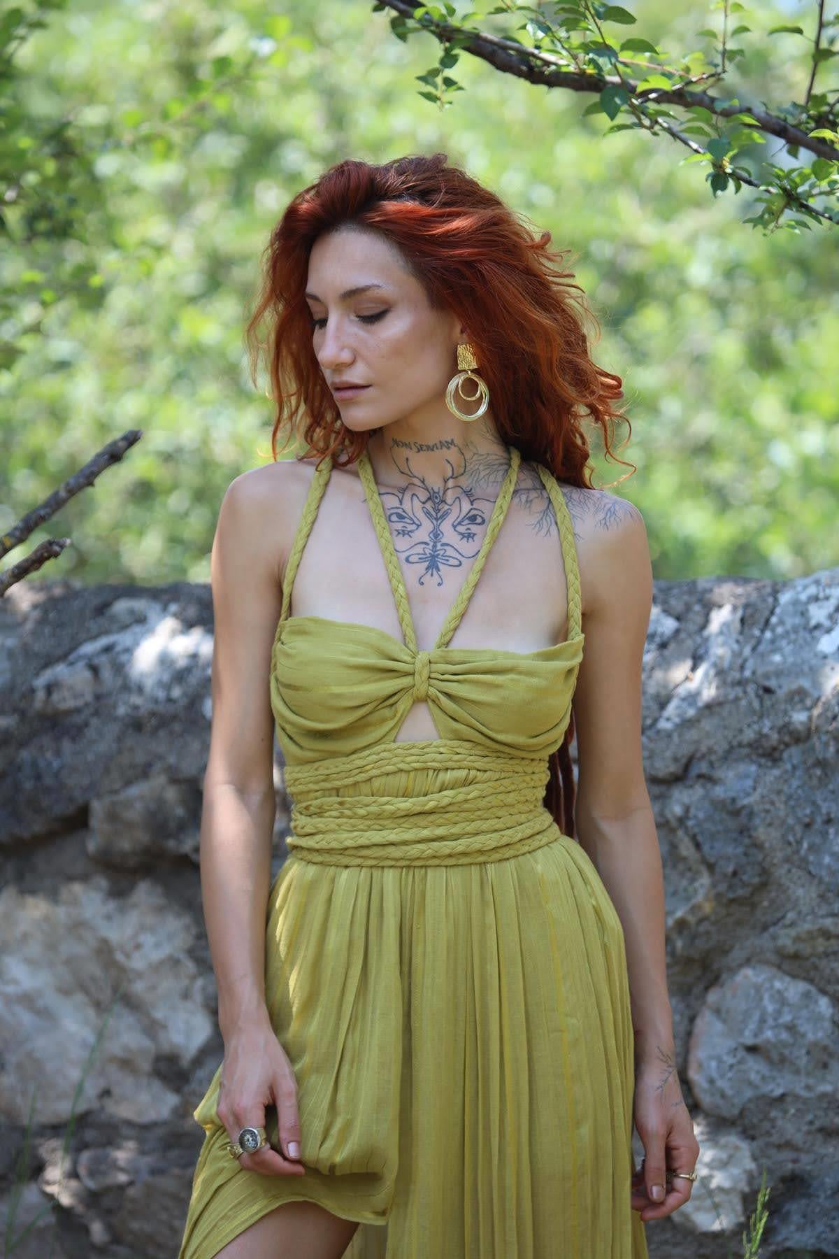 Oil Green Double Knit Strappy Slit Dress - Saman Butik Oil Green Double Knit Strappy Slit Dress - Saman Butik